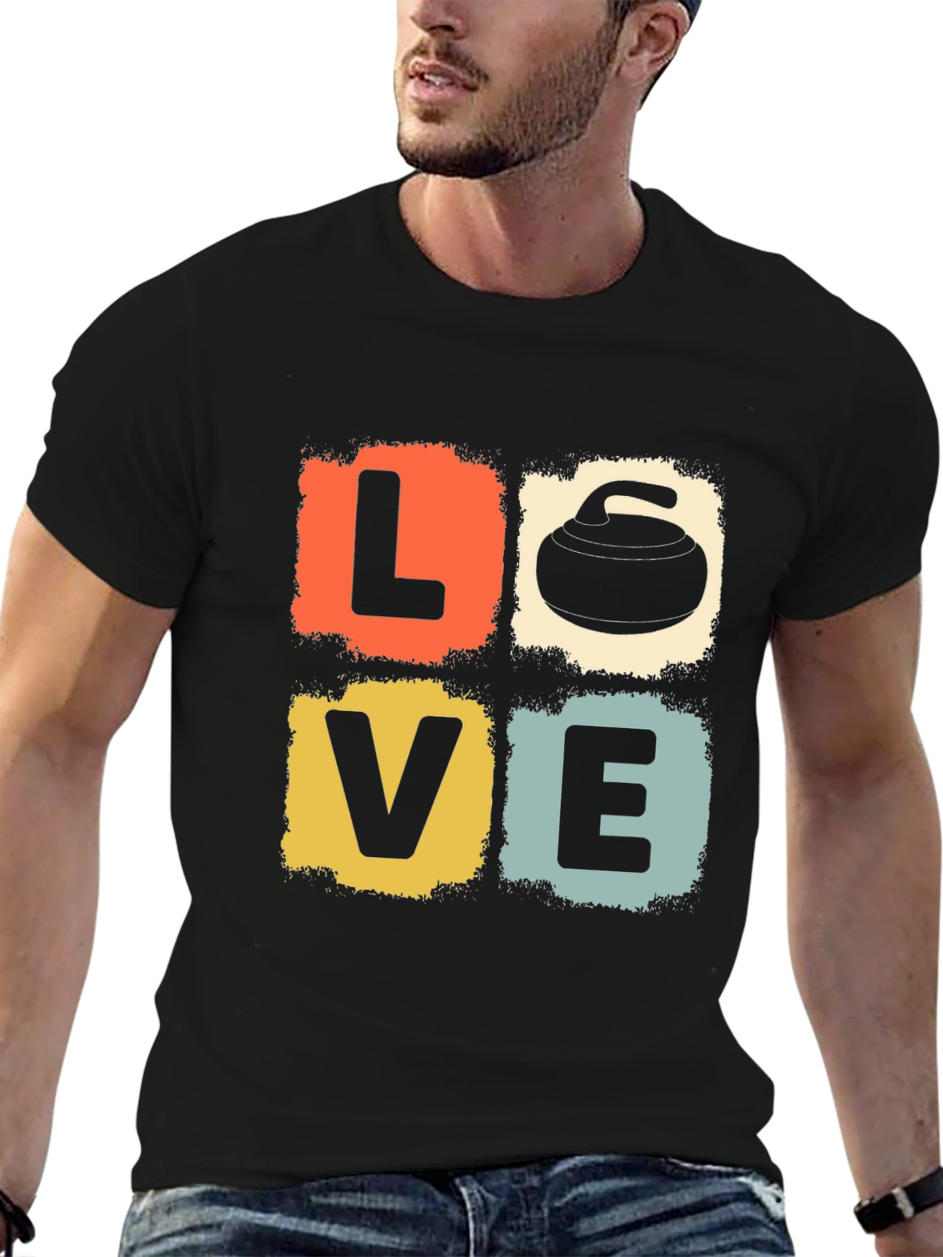 Black LOVE Curling Stone Retro Graphic T-Shirt view 6