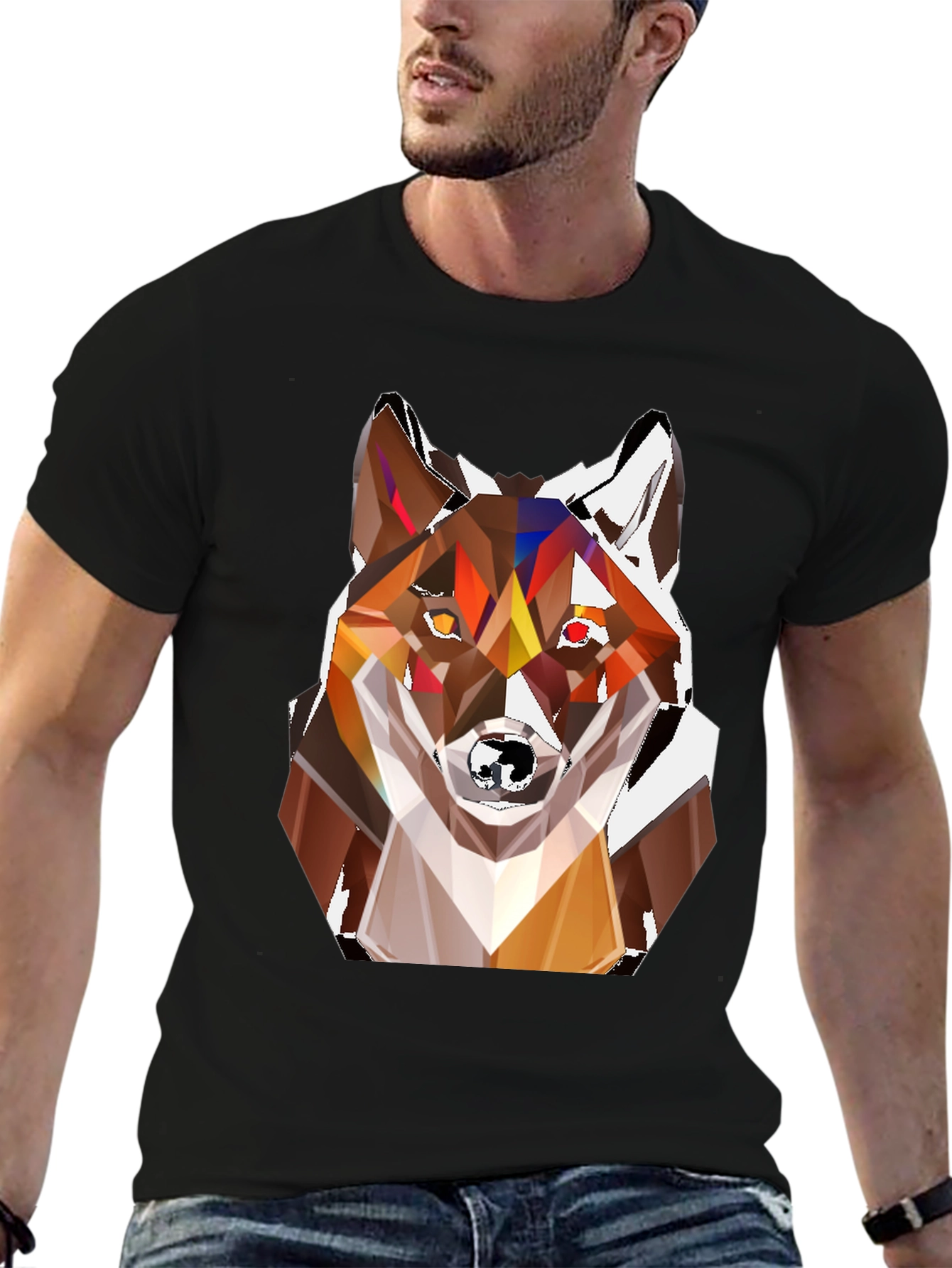 Black Geometric Fox Head T-Shirt - Stylish Graphic Tee view 6
