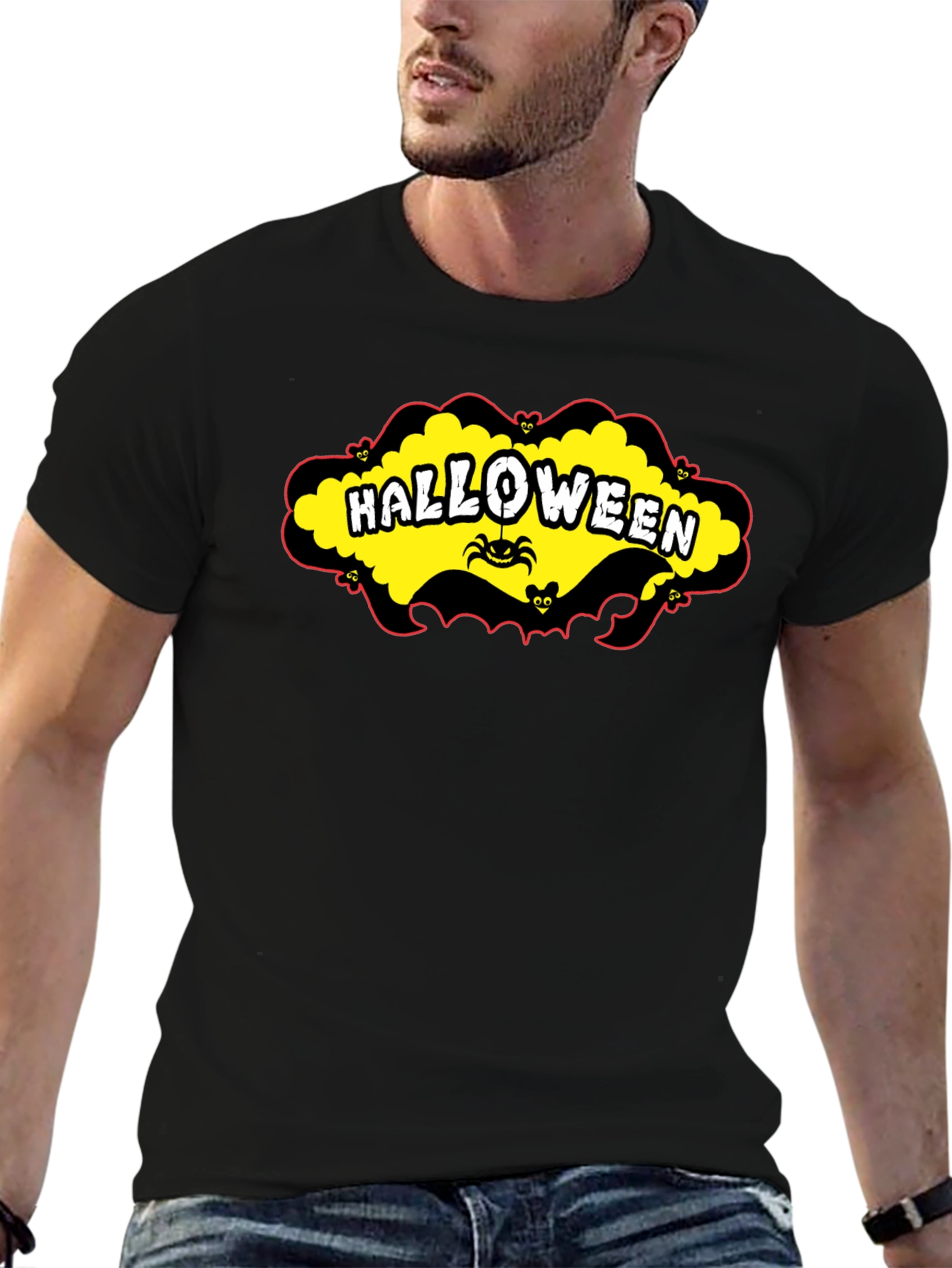 Black Halloween T-Shirt - Spooky Spider & Bats Design view 6