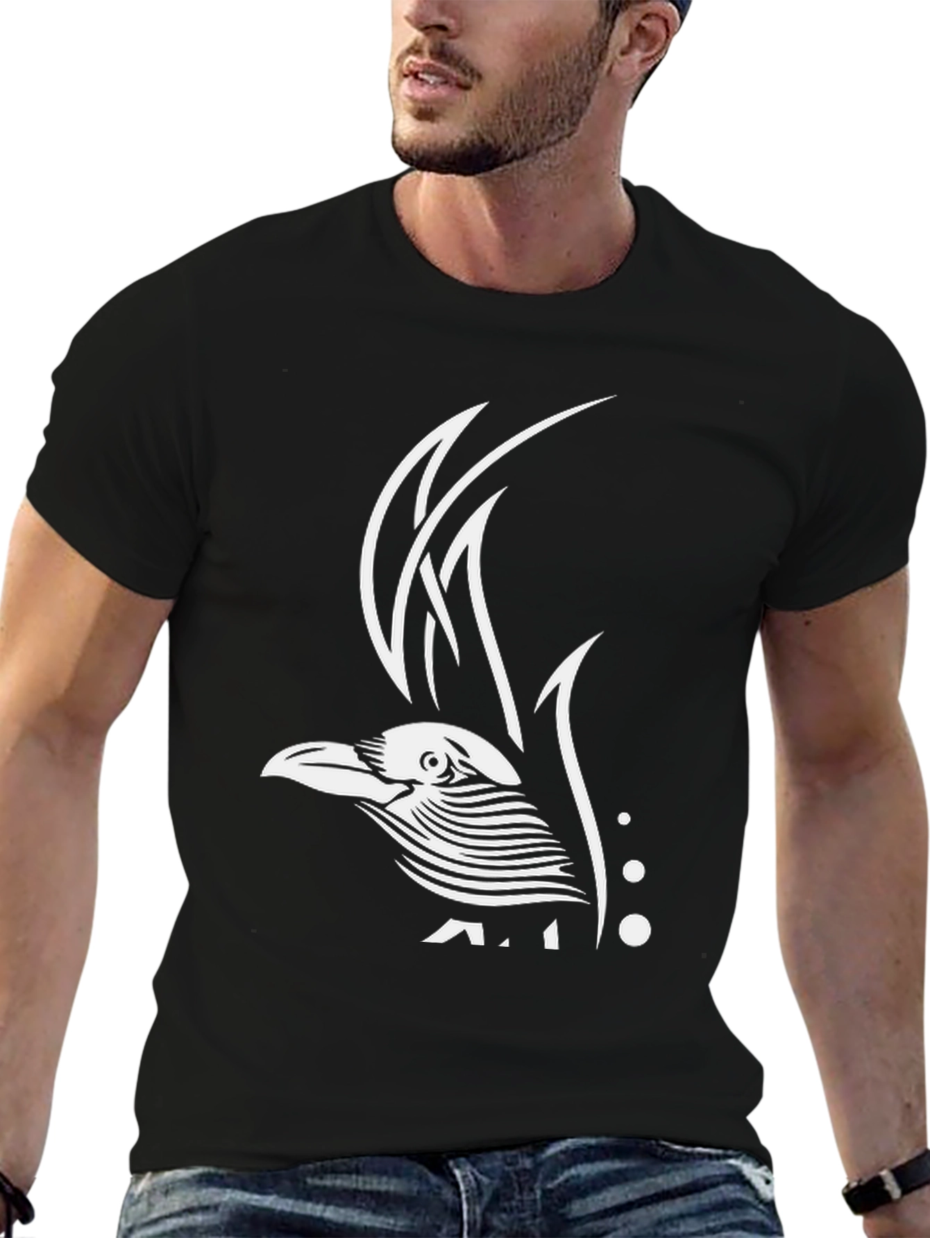 Black Raven Graphic Tee - Black Cotton Bird Design T-Shirt view 6