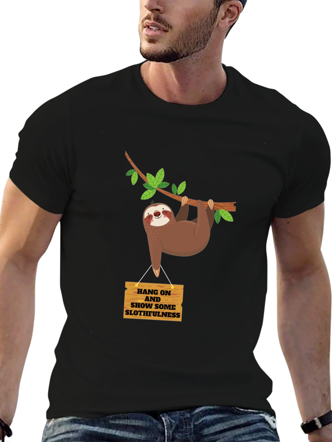 Black Funny Sloth T-Shirt - Hang On, Show Some Slothfulness view 6