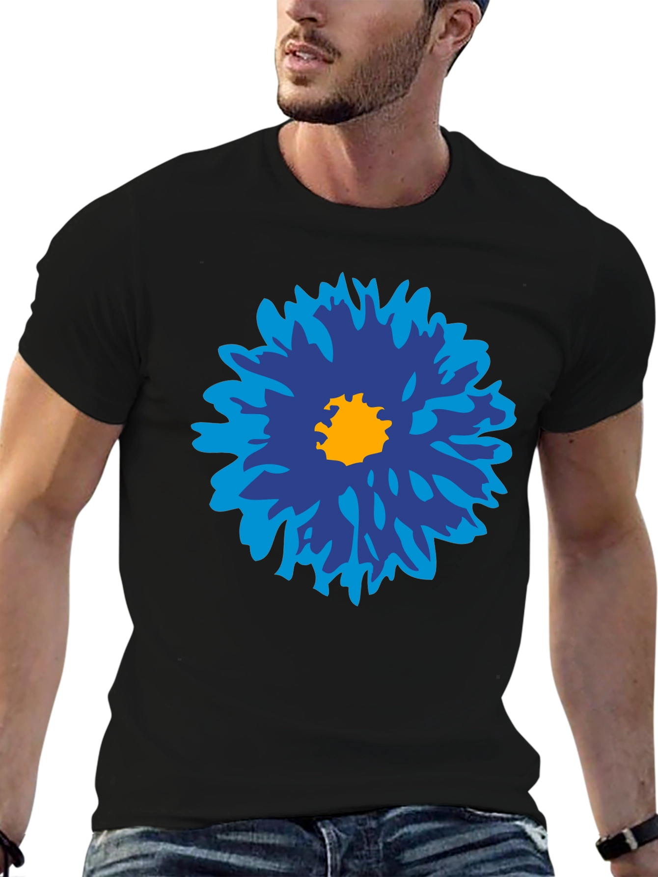 Black Blue Flower Graphic Tee - Men's Black Cotton T-Shirt view 6