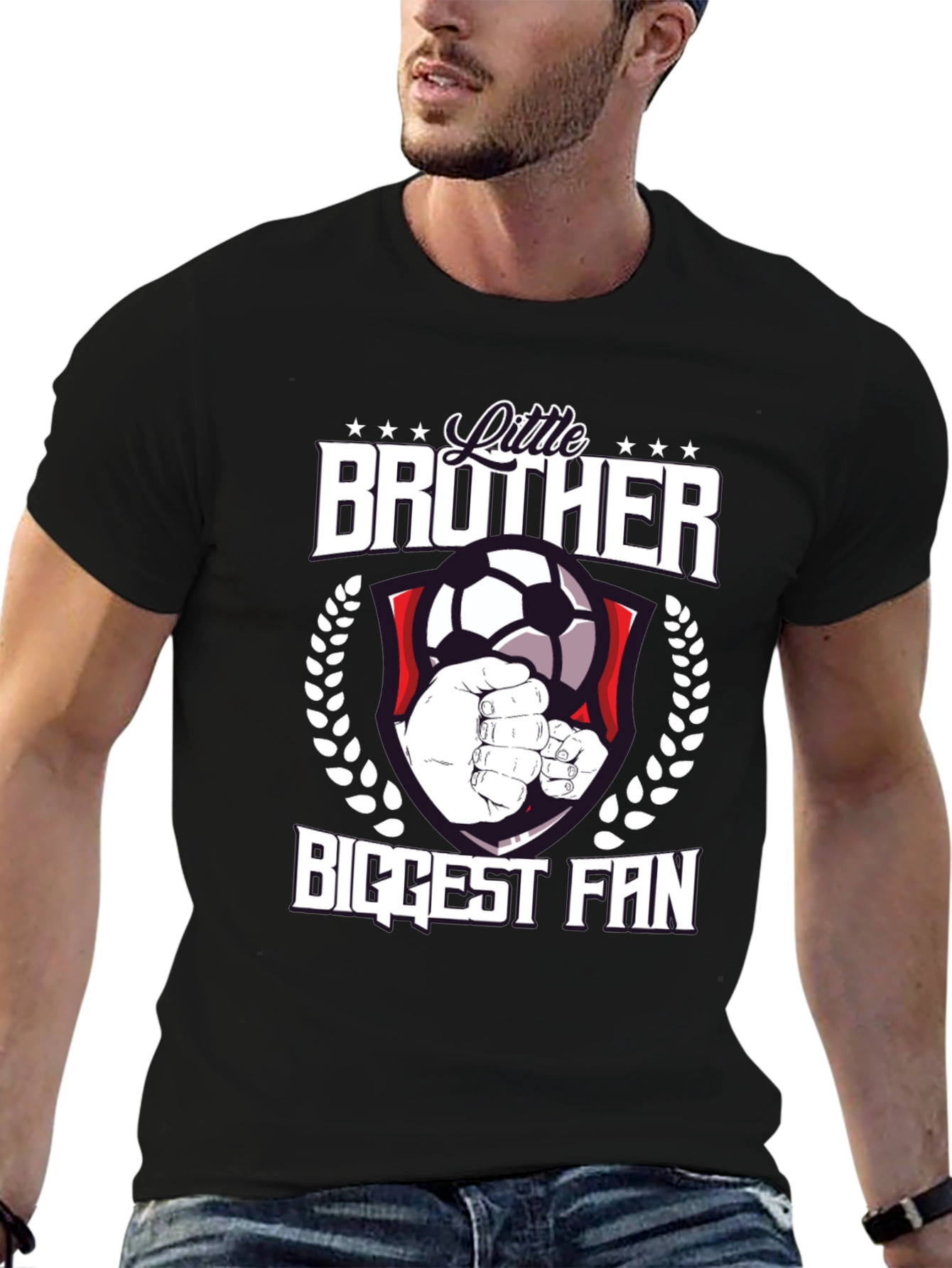 Black Little Brother Biggest Fan Soccer T-Shirt view 6