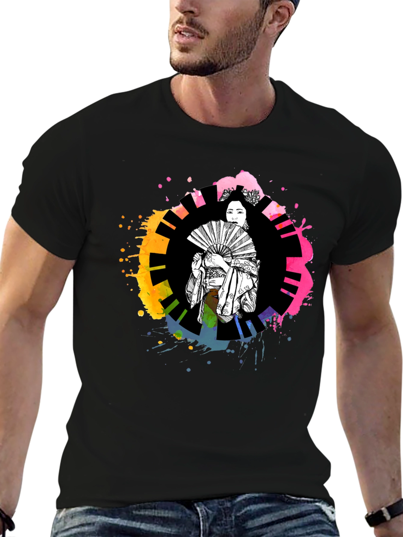 Black Geisha Art T-Shirt - Colorful Piano Design view 6