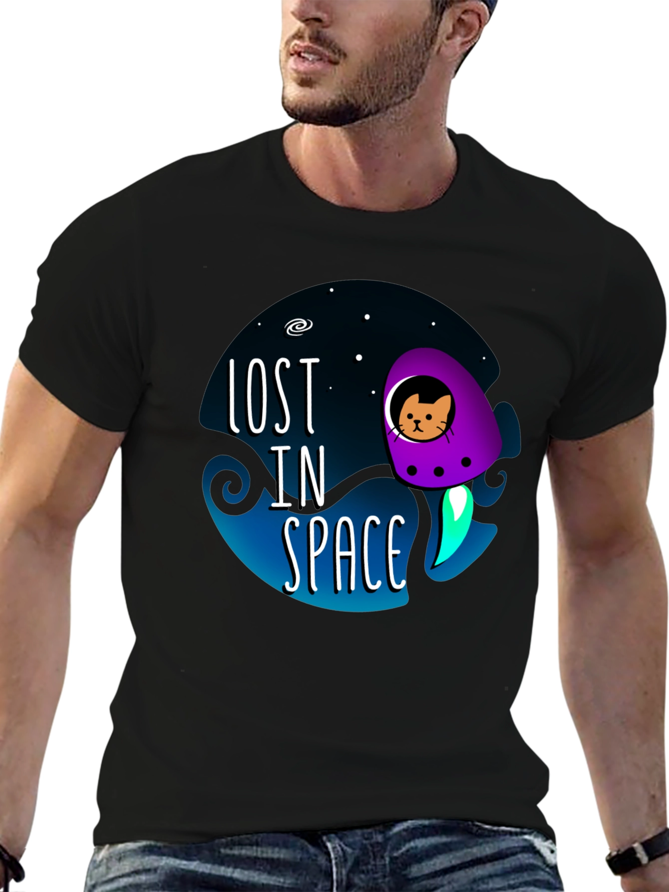 Black Lost in Space Cat T-Shirt view 6