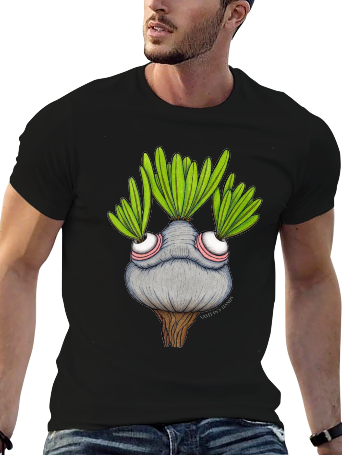 Black Whimsical Plant Character Graphic T-Shirt view 6