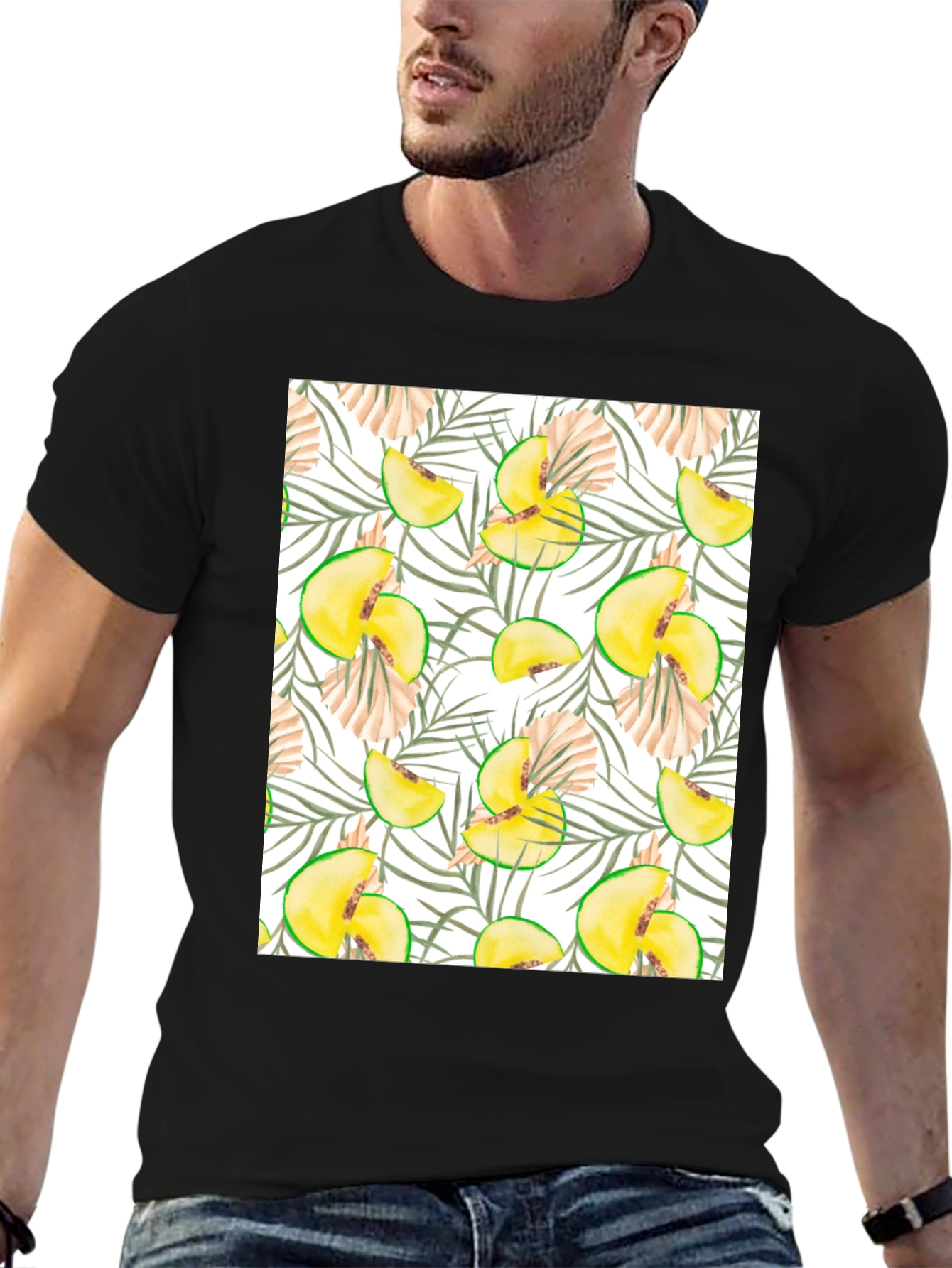 Black Tropical Peach Print Black T-Shirt view 6