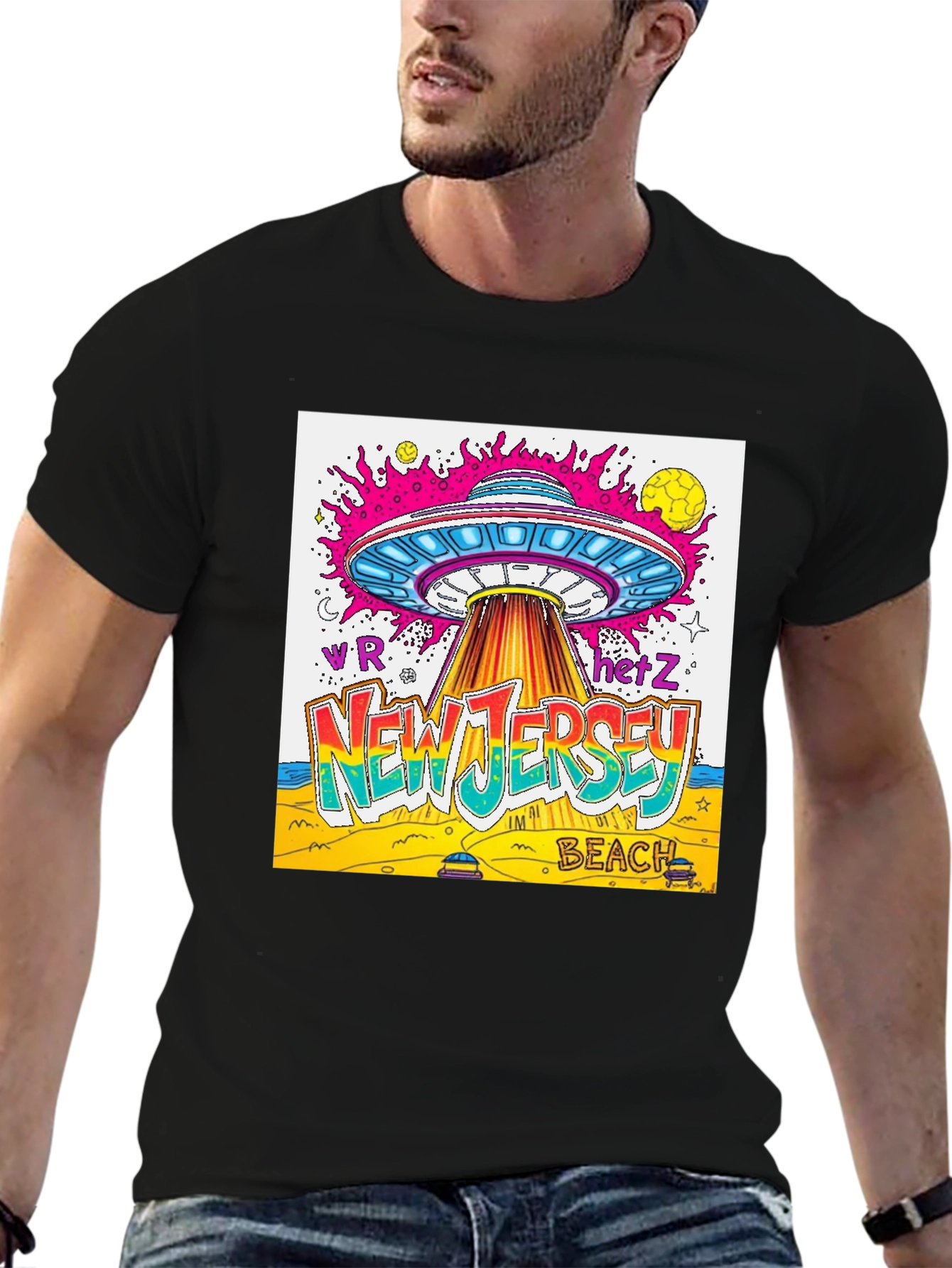 Black New Jersey Beach UFO Graphic T-Shirt view 6