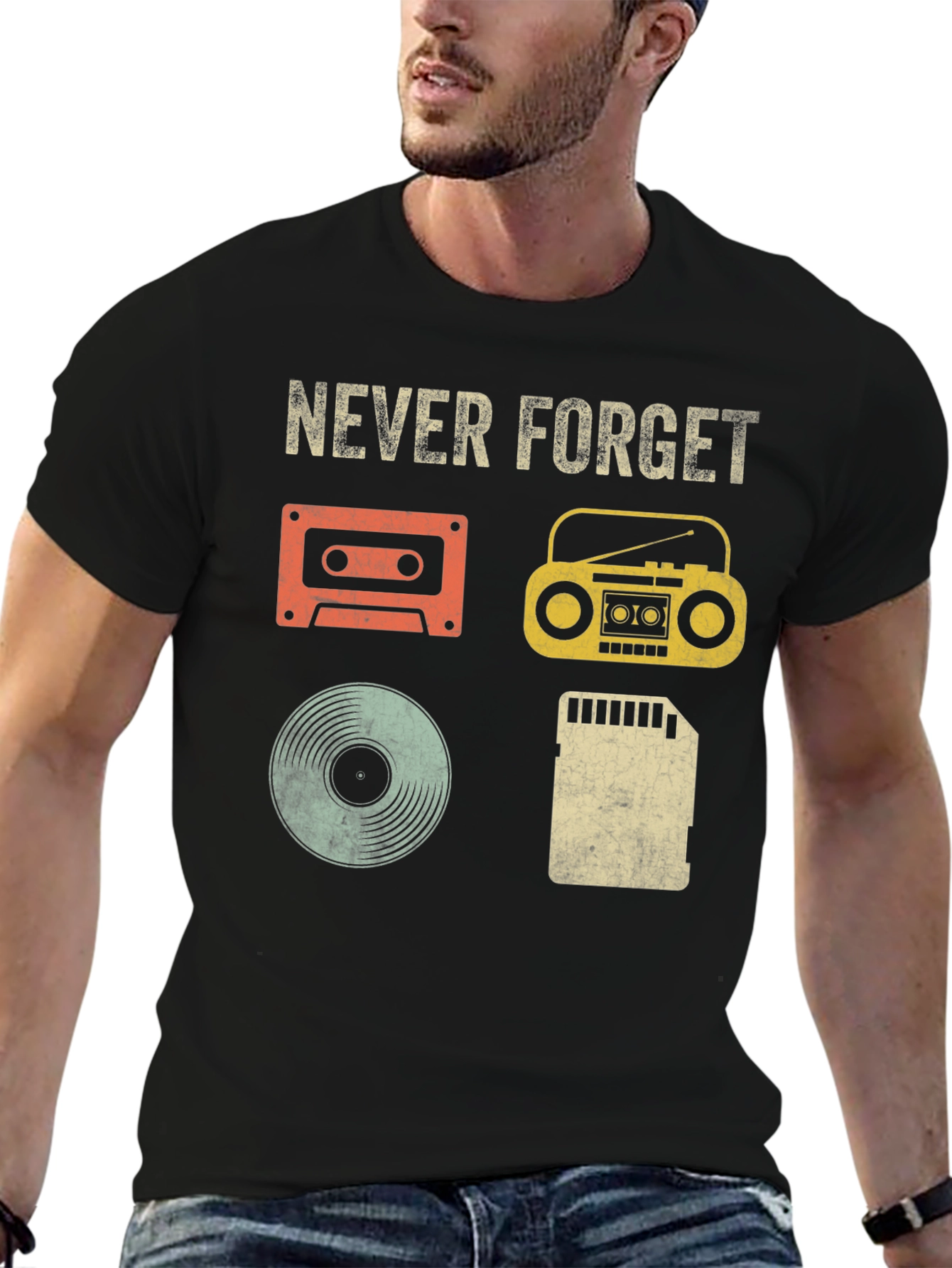 Black Retro Music T-Shirt - Never Forget Media Evolution view 6