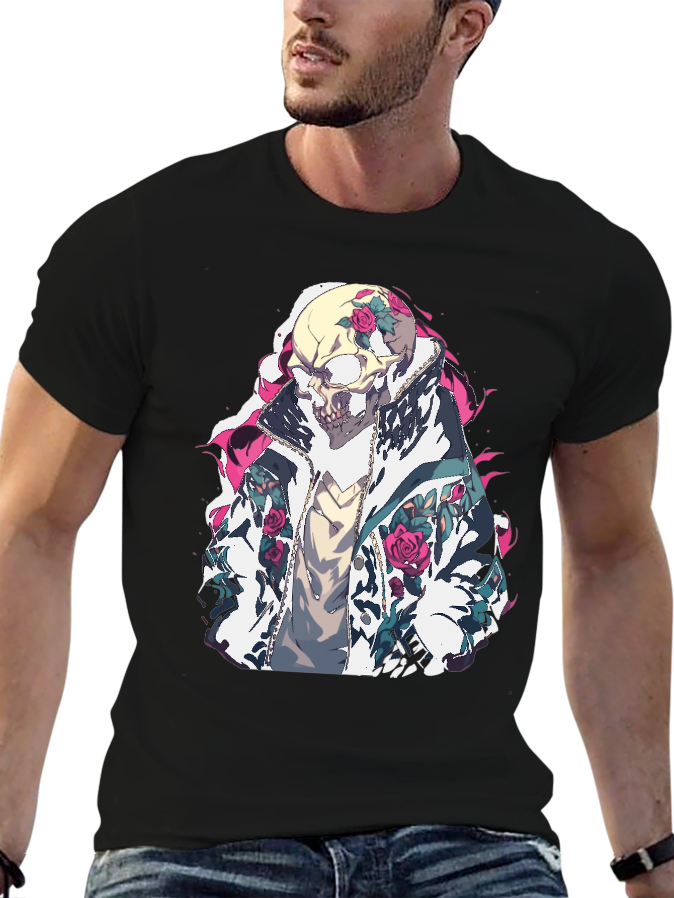 Black Skull & Roses Graphic T-Shirt view 6