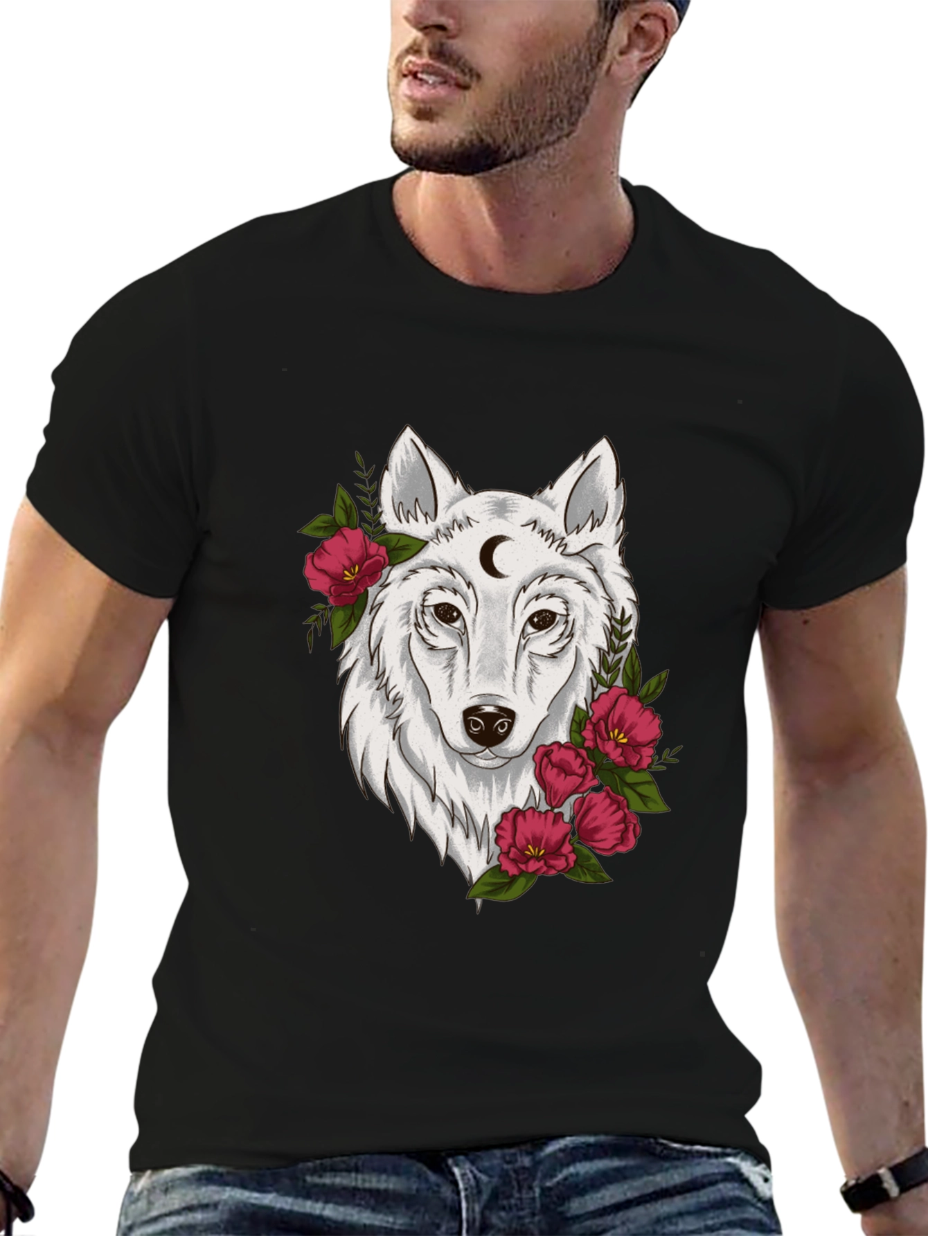 Black Wolf Moon & Flower Graphic T-Shirt - Mens view 6