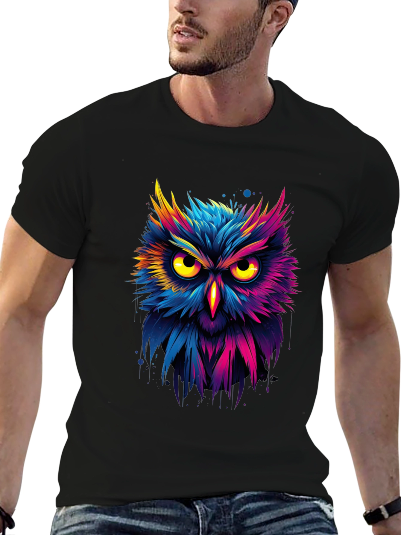 Black Vibrant Owl Graphic T-Shirt - Unique Design view 6