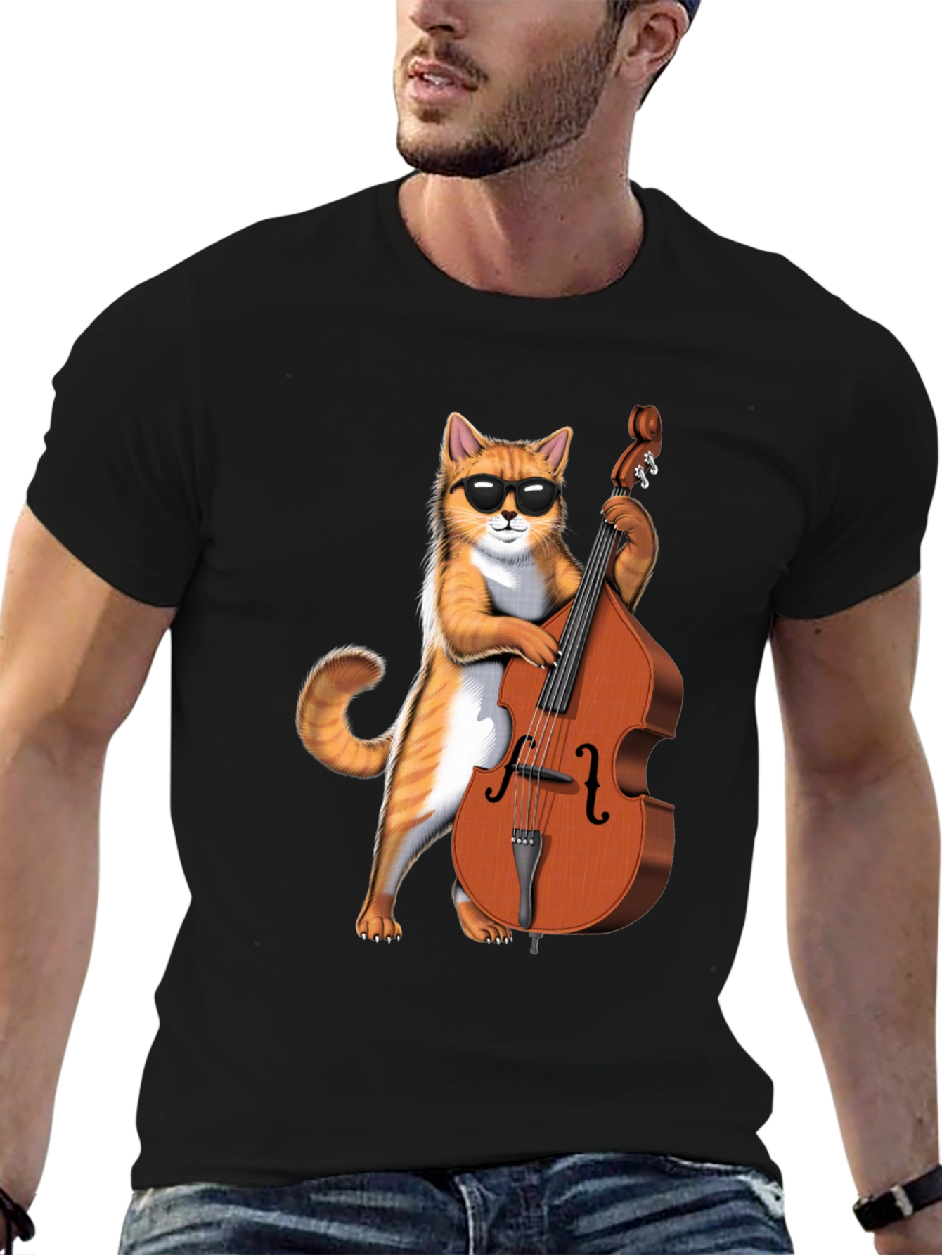 Black Cool Cat Bass Player Graphic Tee - Black Cotton view 6
