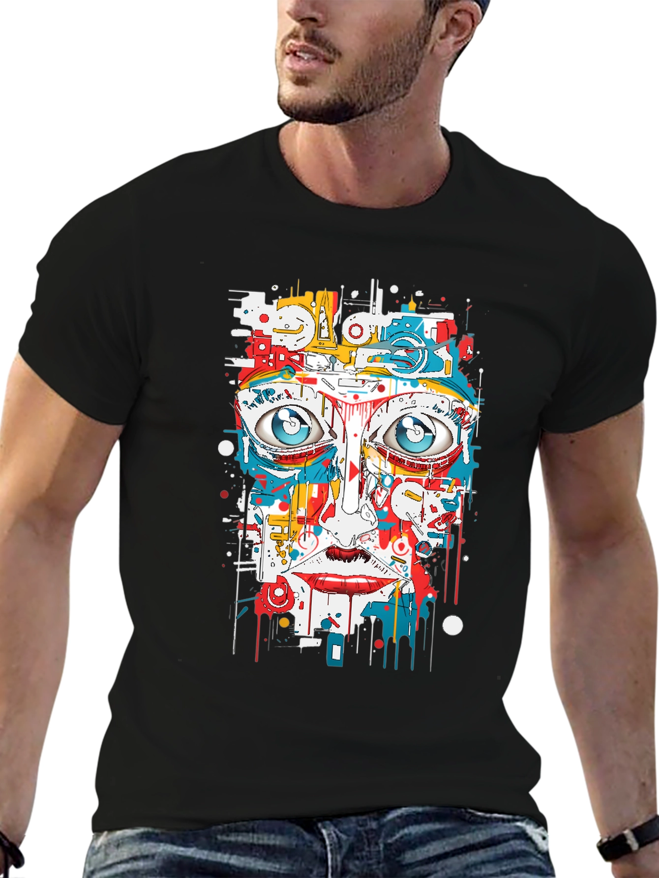 Black Abstract Face Graphic Print Black Tee view 6
