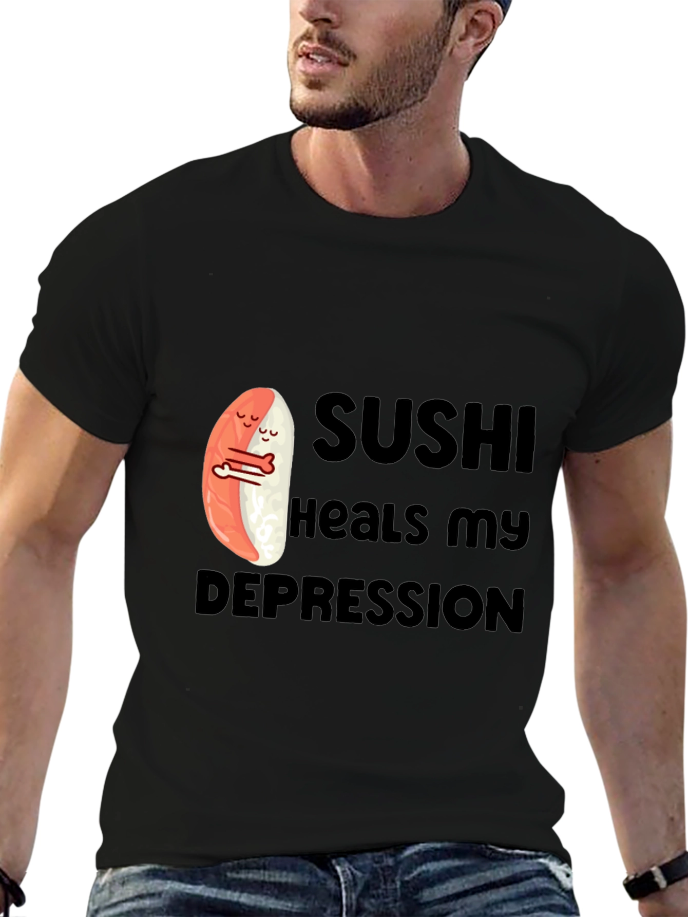 Black Sushi Heals My Depression Graphic T-Shirt view 6