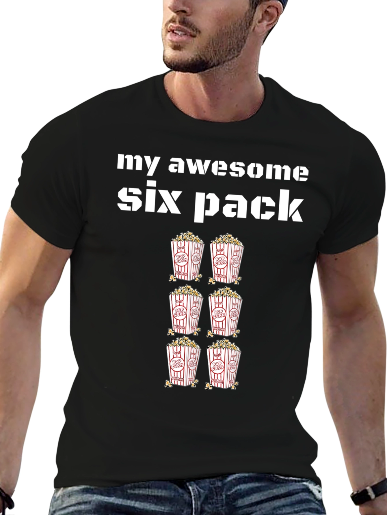 Black Awesome Six Pack Popcorn T-Shirt view 6