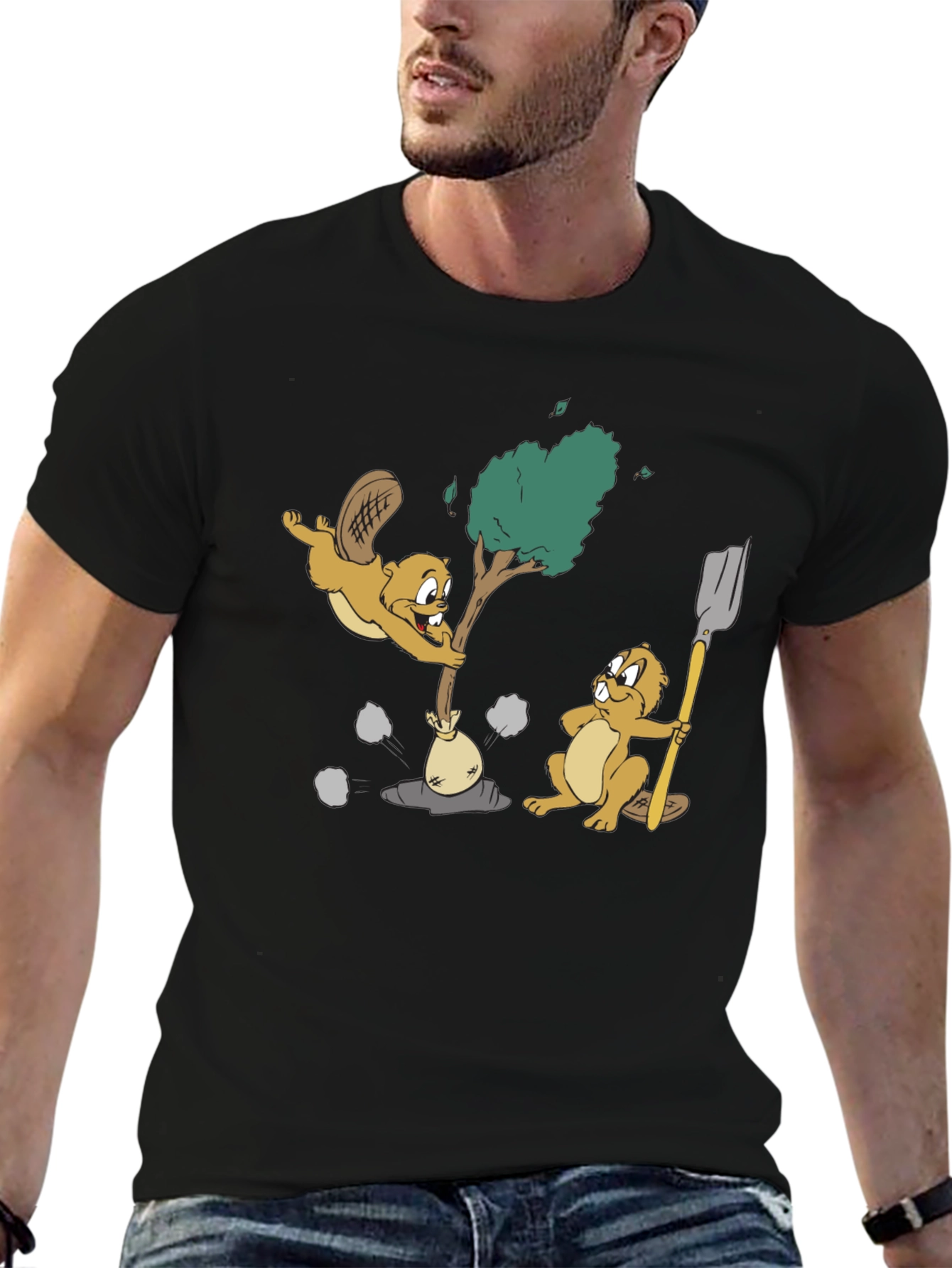 Black Funny Beaver Cartoon Graphic T-Shirt view 6