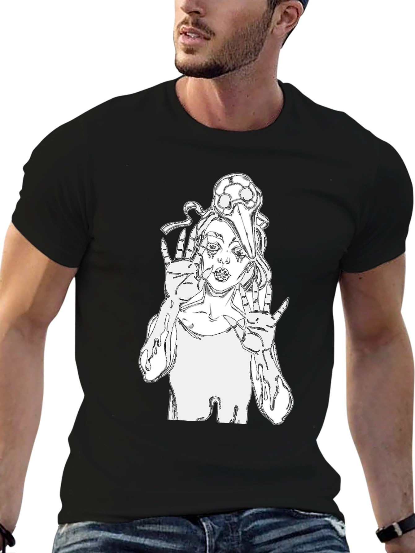 Black Edgy Graphic Tee - Black Crew Neck T-Shirt view 6