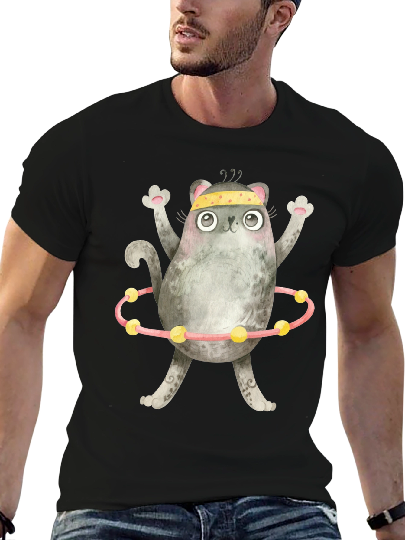 Black Funny Cat Hula Hoop Black T-Shirt view 6