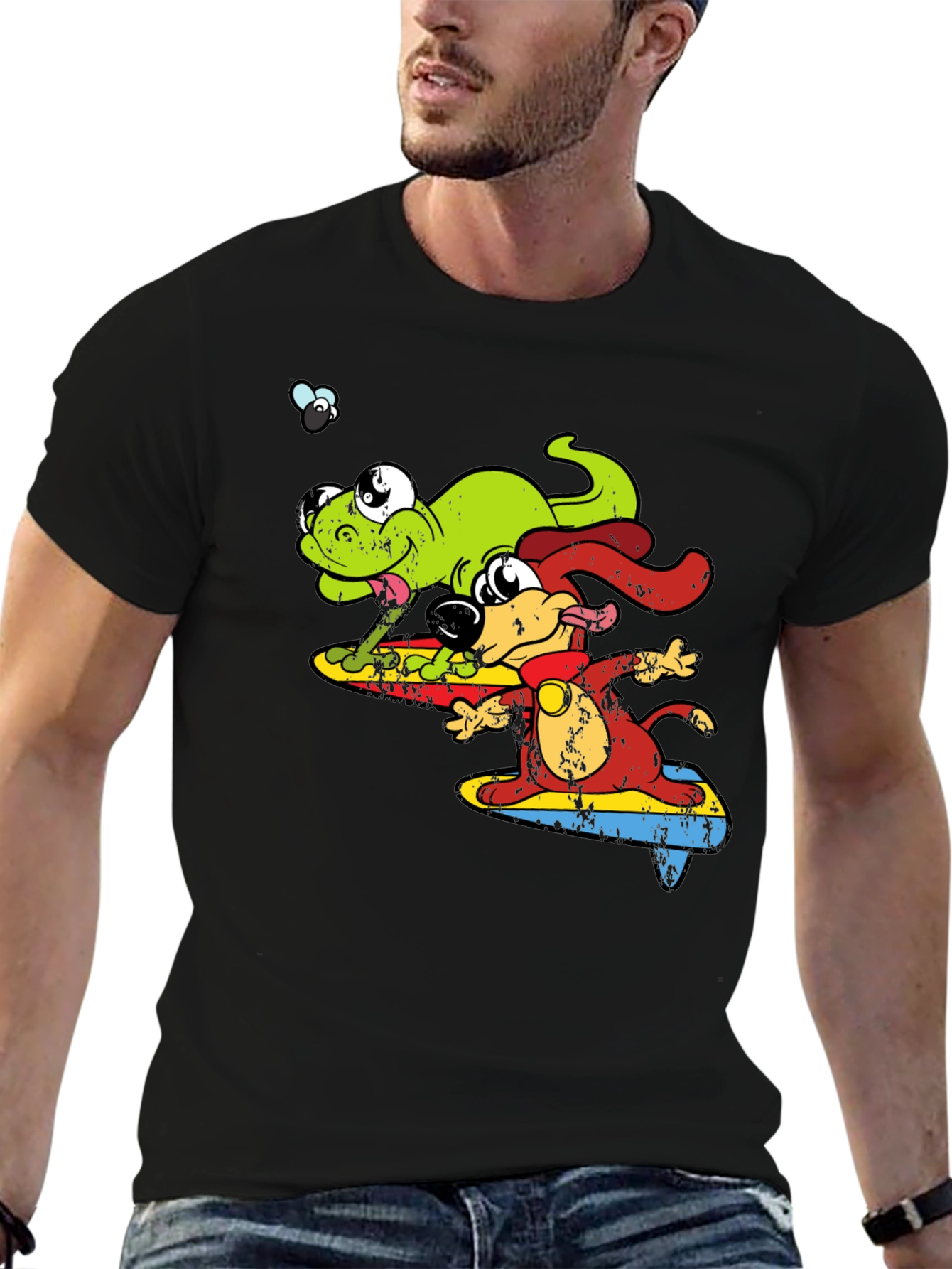 Black Cartoon Dog and Lizard Surfing Black T-Shirt view 6