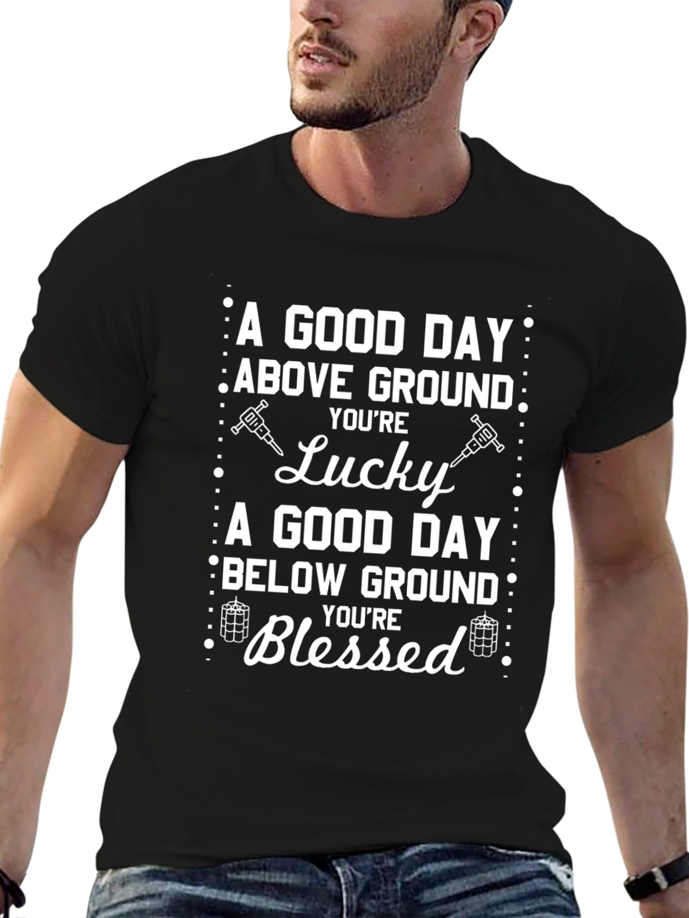 Black Lucky Blessed T-Shirt: Above & Below Ground view 6