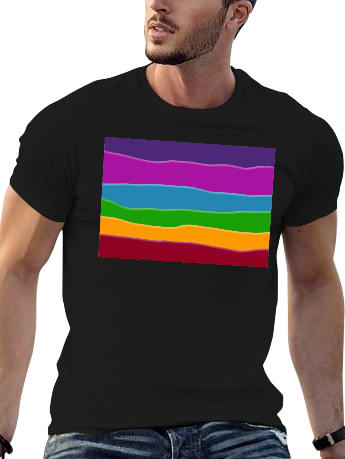 Black Rainbow Wave Graphic Black Tee - Casual Style view 6
