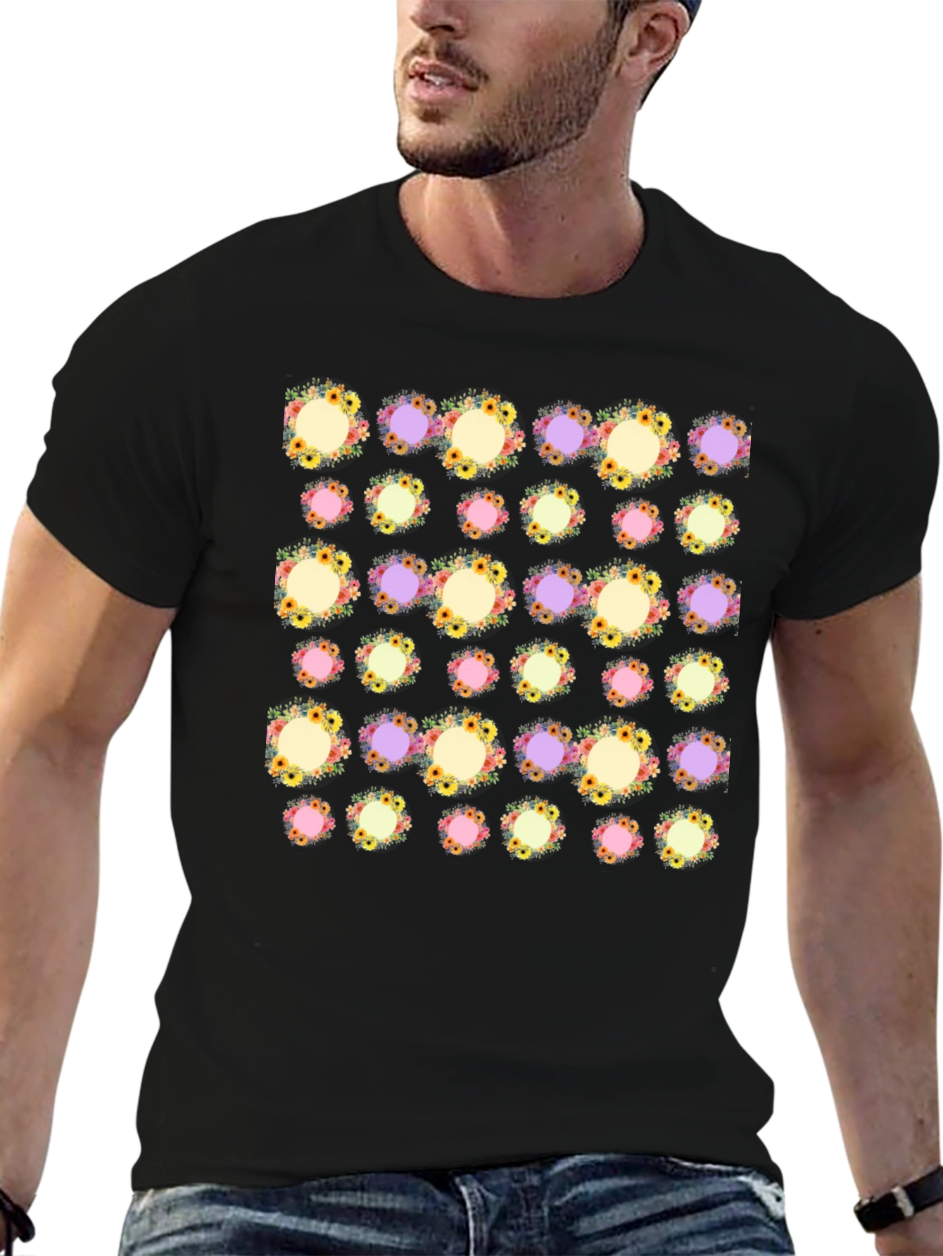 Black Floral Pattern Black T-Shirt view 6