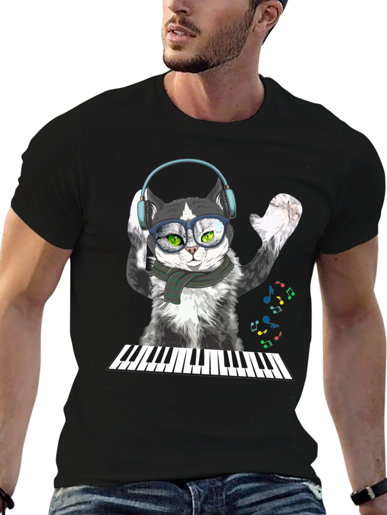 Black Cool Cat Musician T-Shirt view 6