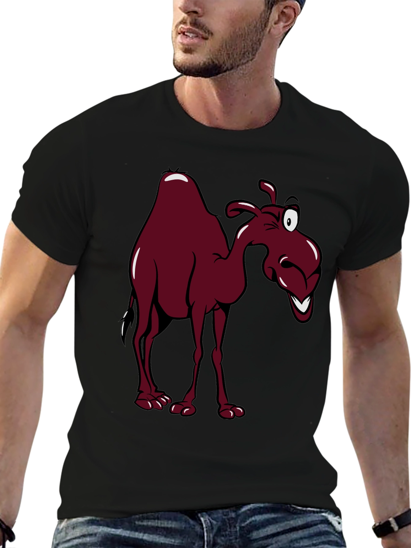 Black Cartoon Camel Graphic Tee - Black Unisex T-Shirt view 6