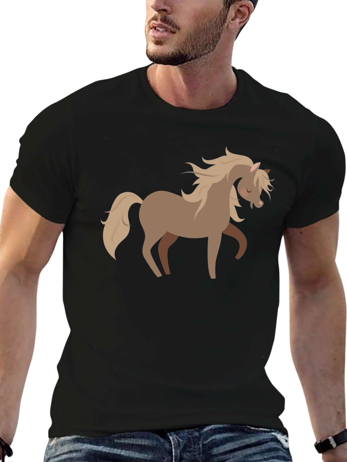 Black Cute Horse Graphic Tee - Soft Black Cotton Shirt view 6