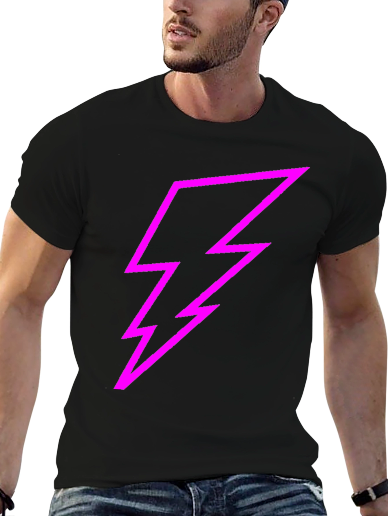 Black Black Tee with Bold Pink Lightning Bolt Design view 6