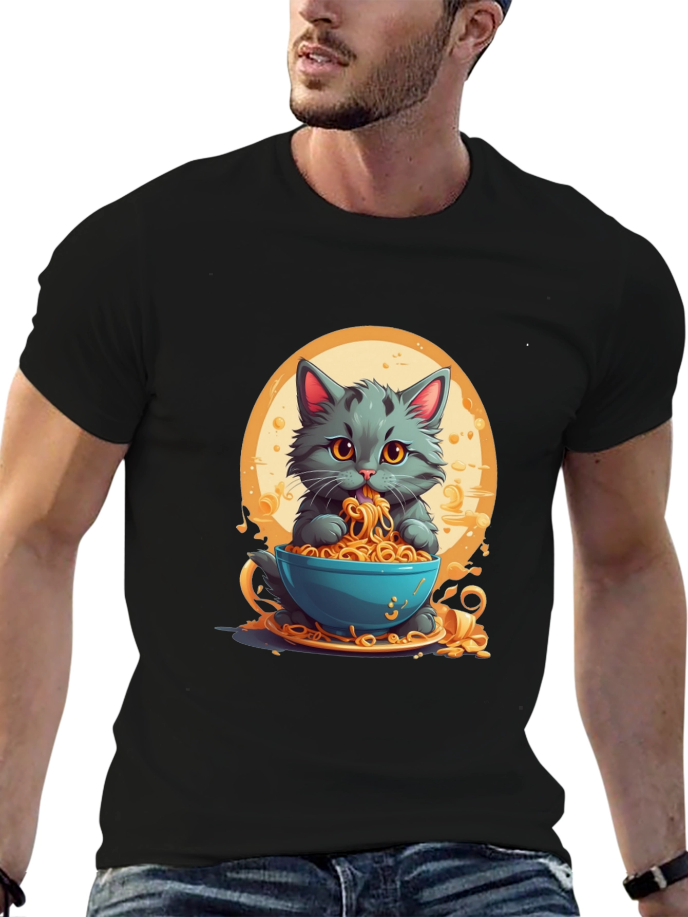 Black Cat Eating Noodles Graphic T-Shirt view 6