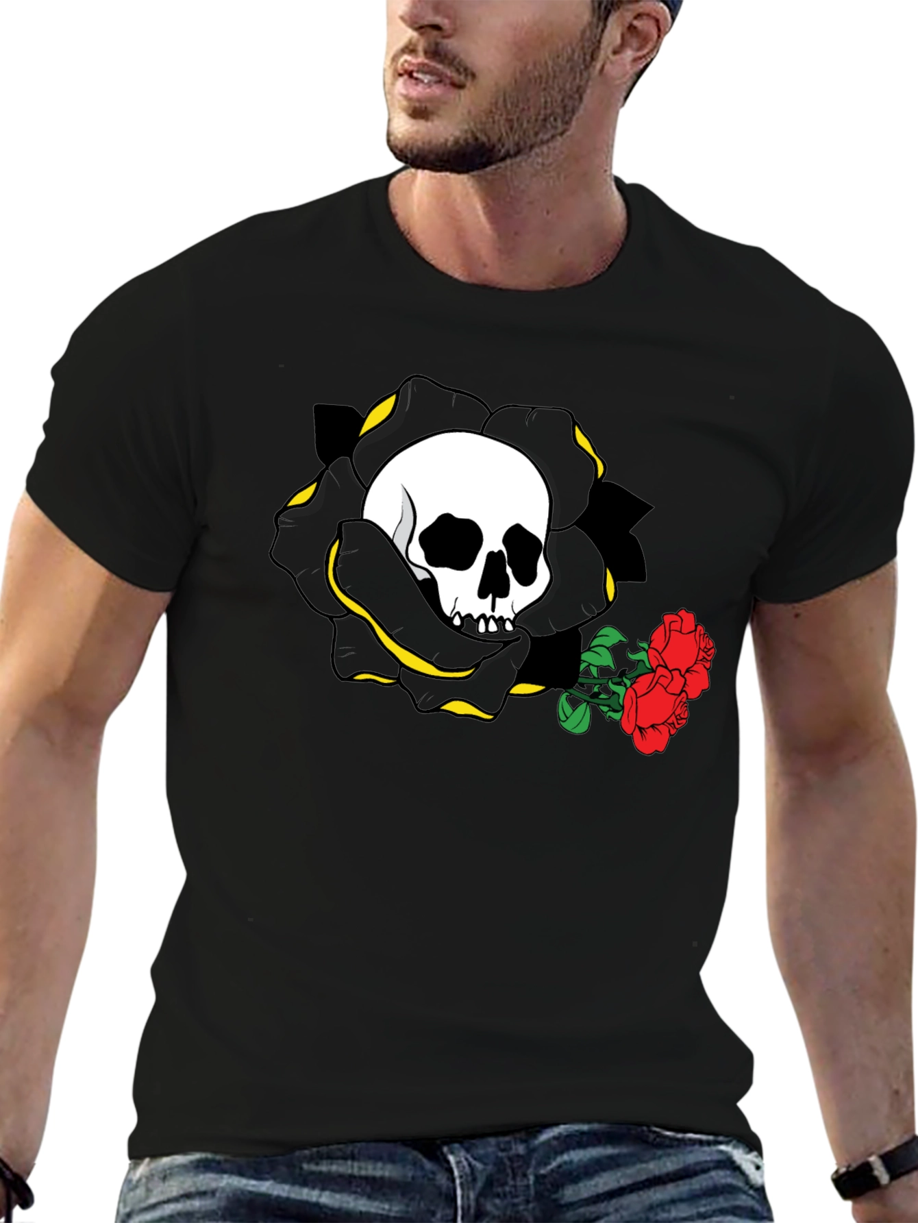 Skull and Roses Graphic Tee - Black Cotton Casual Shirt - 6