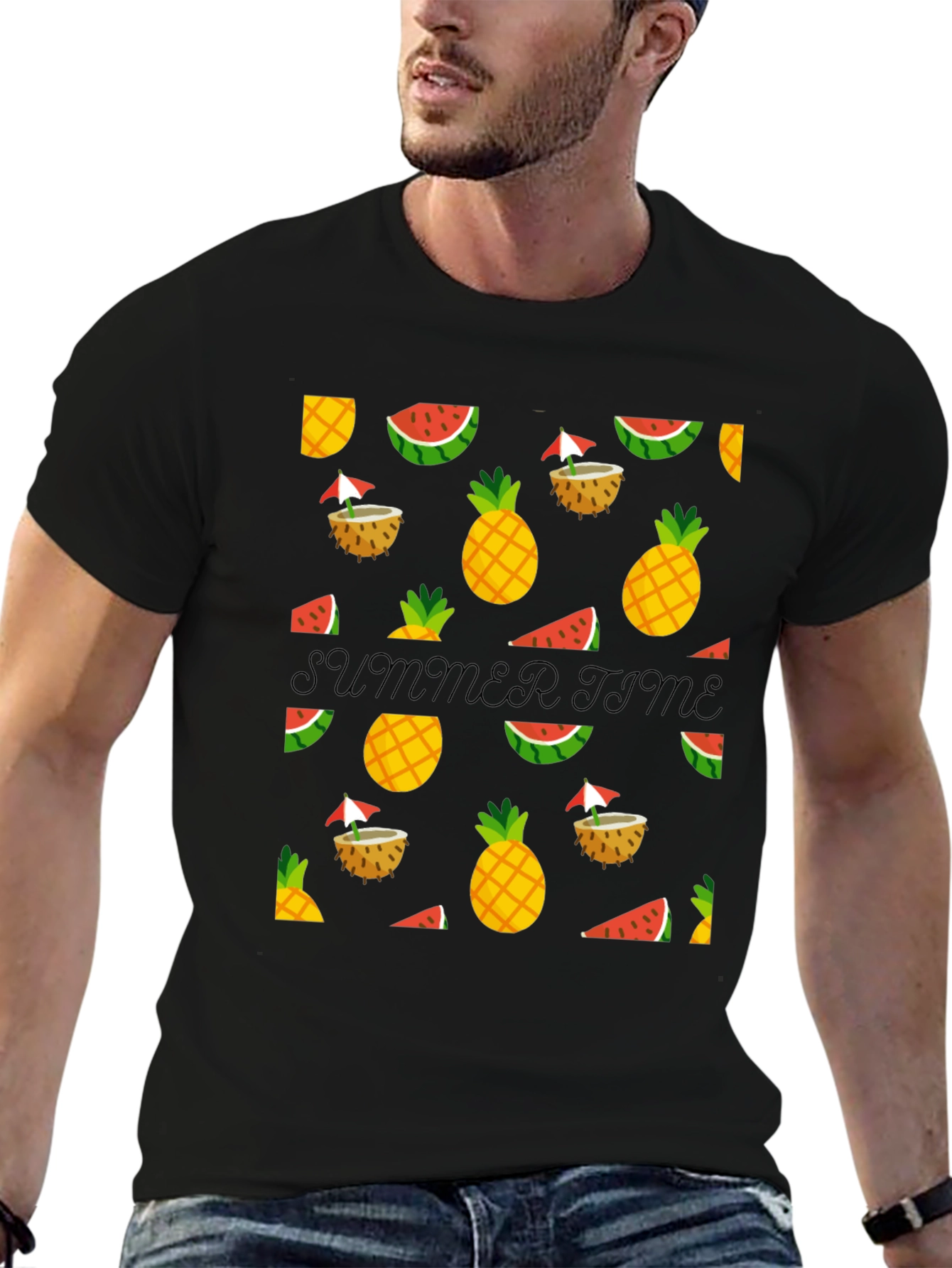 Black Summer Time Black Tee with Fruit Pattern view 6