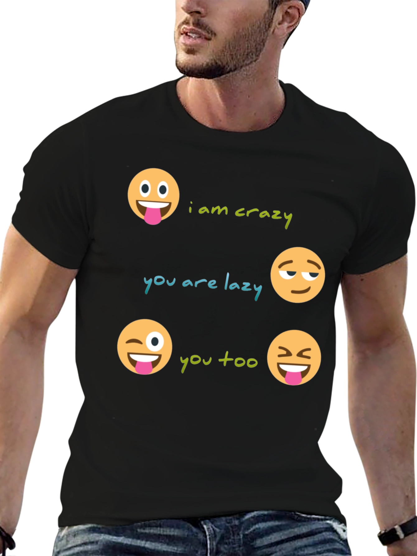 Black Crazy Lazy Emoji Graphic Tee - Unisex view 6