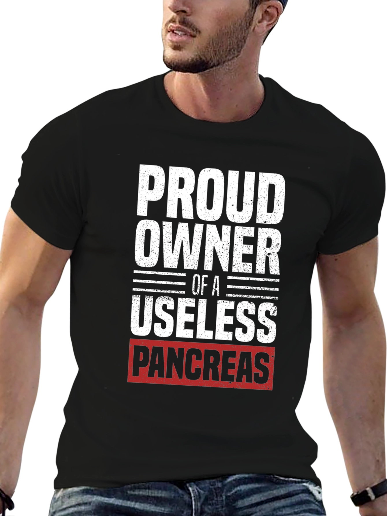 Black Proud Owner Useless Pancreas T-Shirt - Funny Diabetes Tee view 6