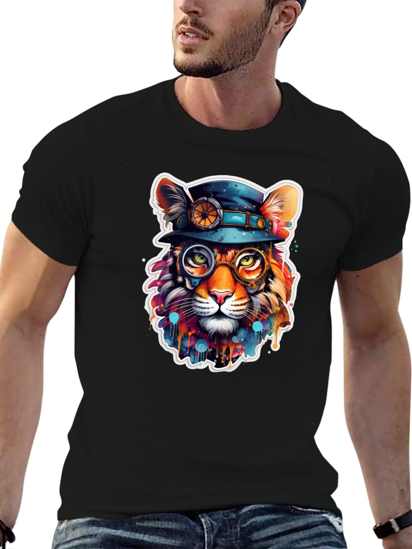 Black Steampunk Cat T-Shirt - Unique Animal Graphic Tee view 6