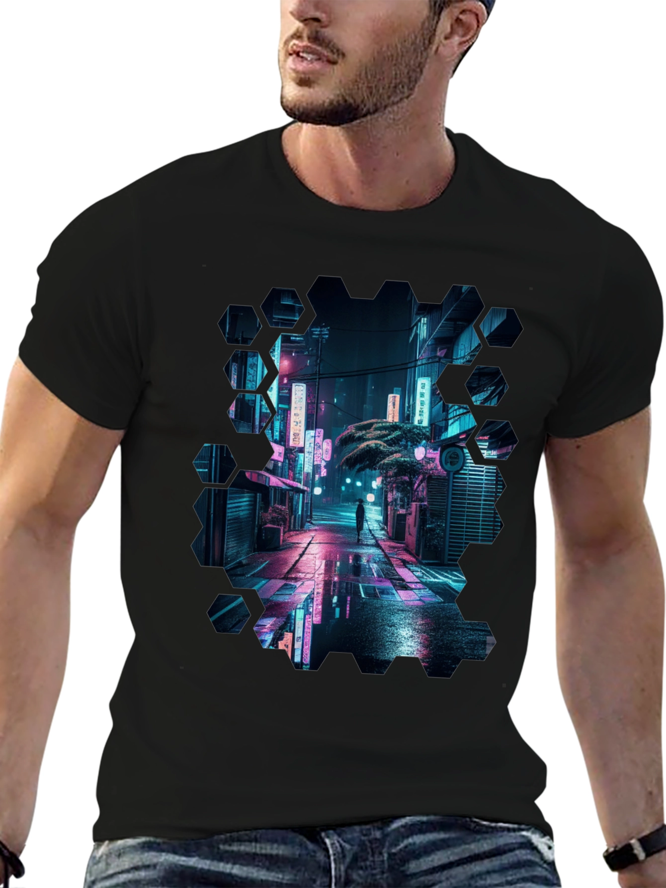 Black Cyberpunk Cityscape Black T-Shirt view 6