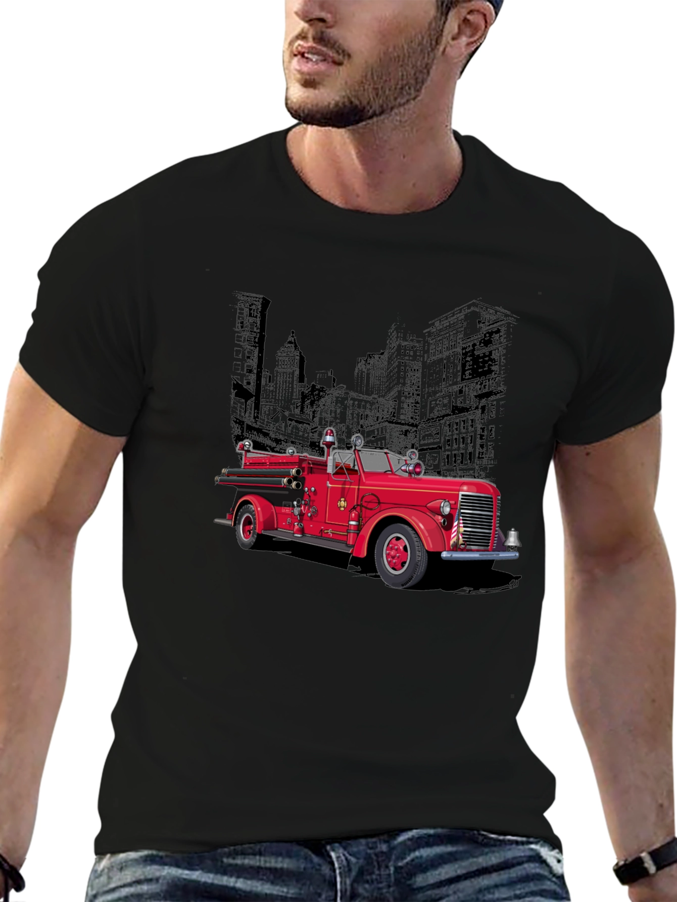 Black Vintage Fire Truck Graphic T-Shirt view 6