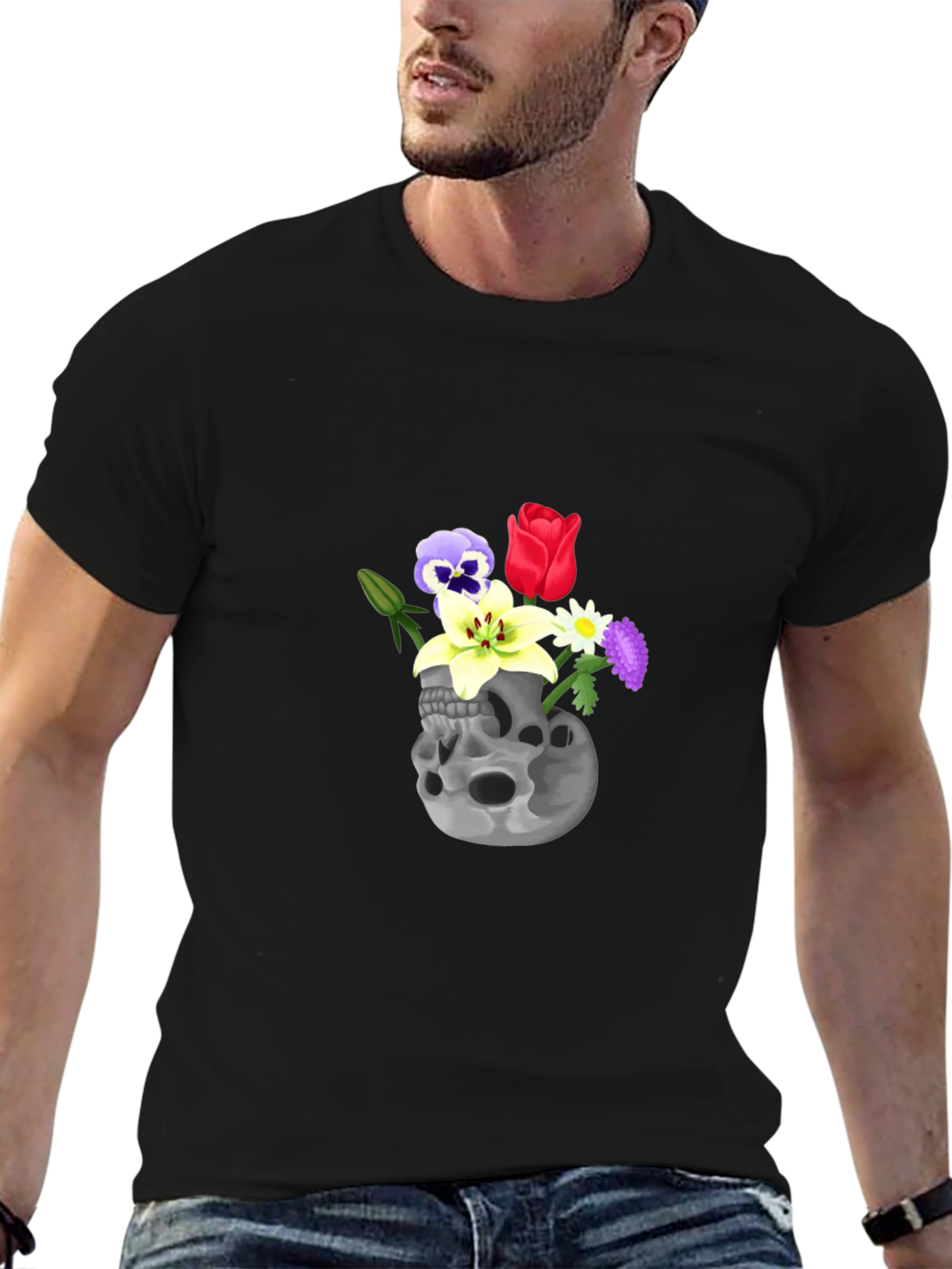 Black Skull & Flowers Graphic Tee - Black Cotton T-Shirt view 6