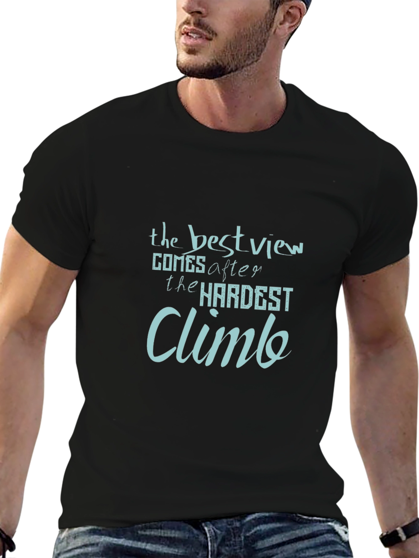Black Inspirational Quote Graphic Tee: The Best View Climb view 6