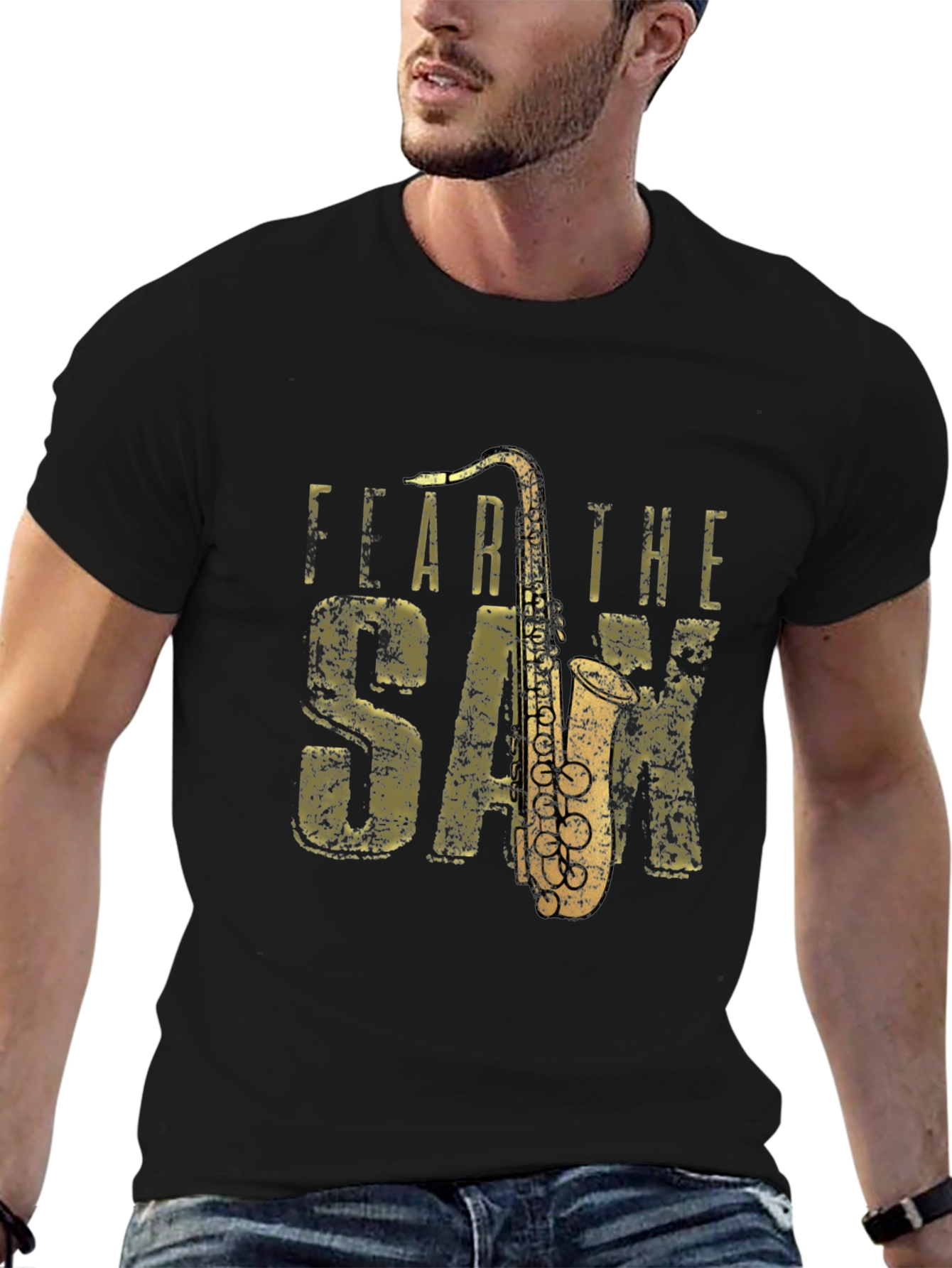 Black Fear the Sax T-Shirt - Black Cotton Tee with Saxophone Graphic view 6