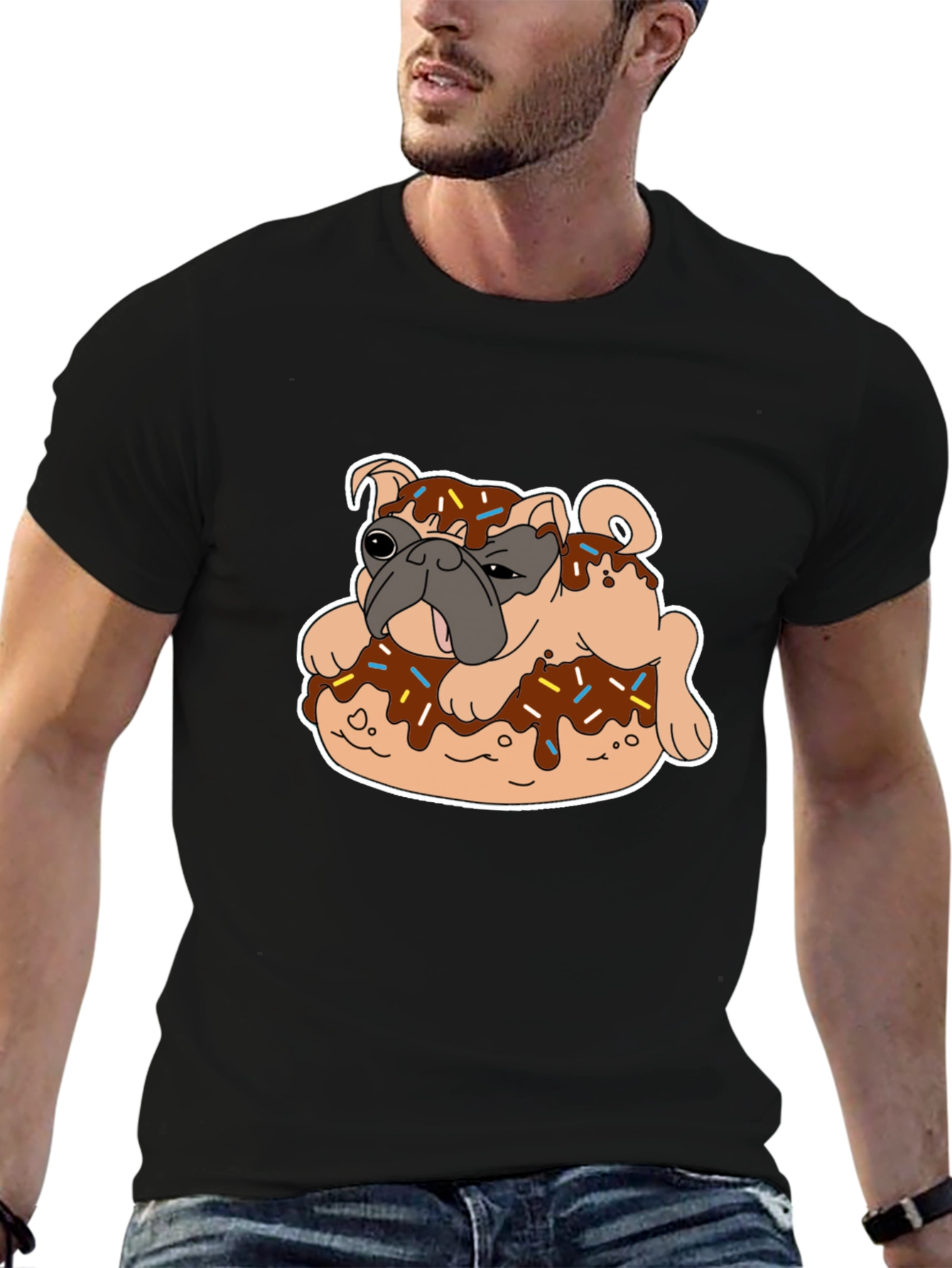 Black Pug on Donut Graphic Tee - Black T-Shirt view 6