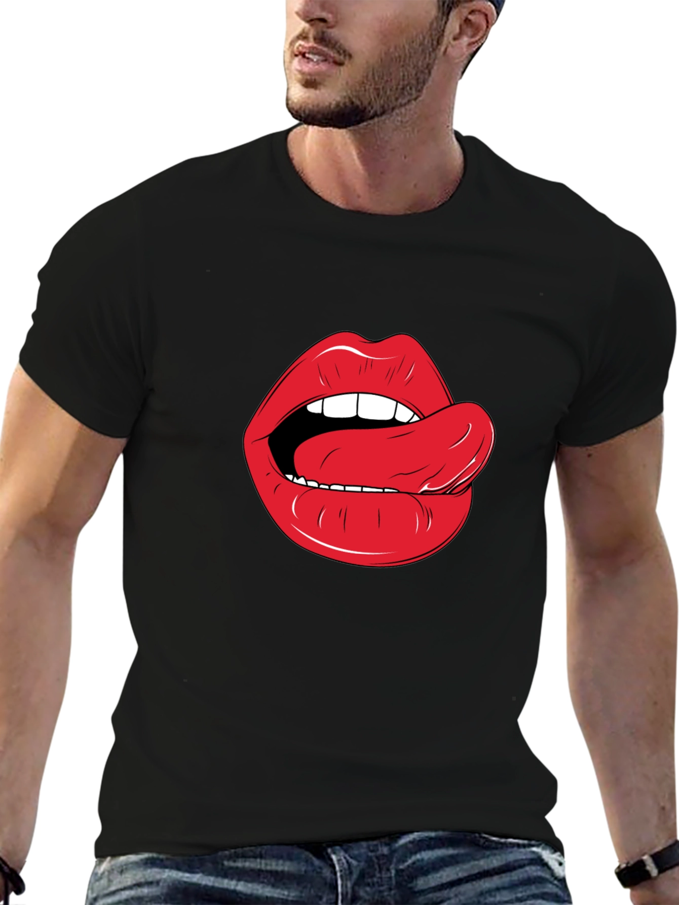 Black Lips & Tongue Graphic Tee - Black Cotton T-Shirt view 6