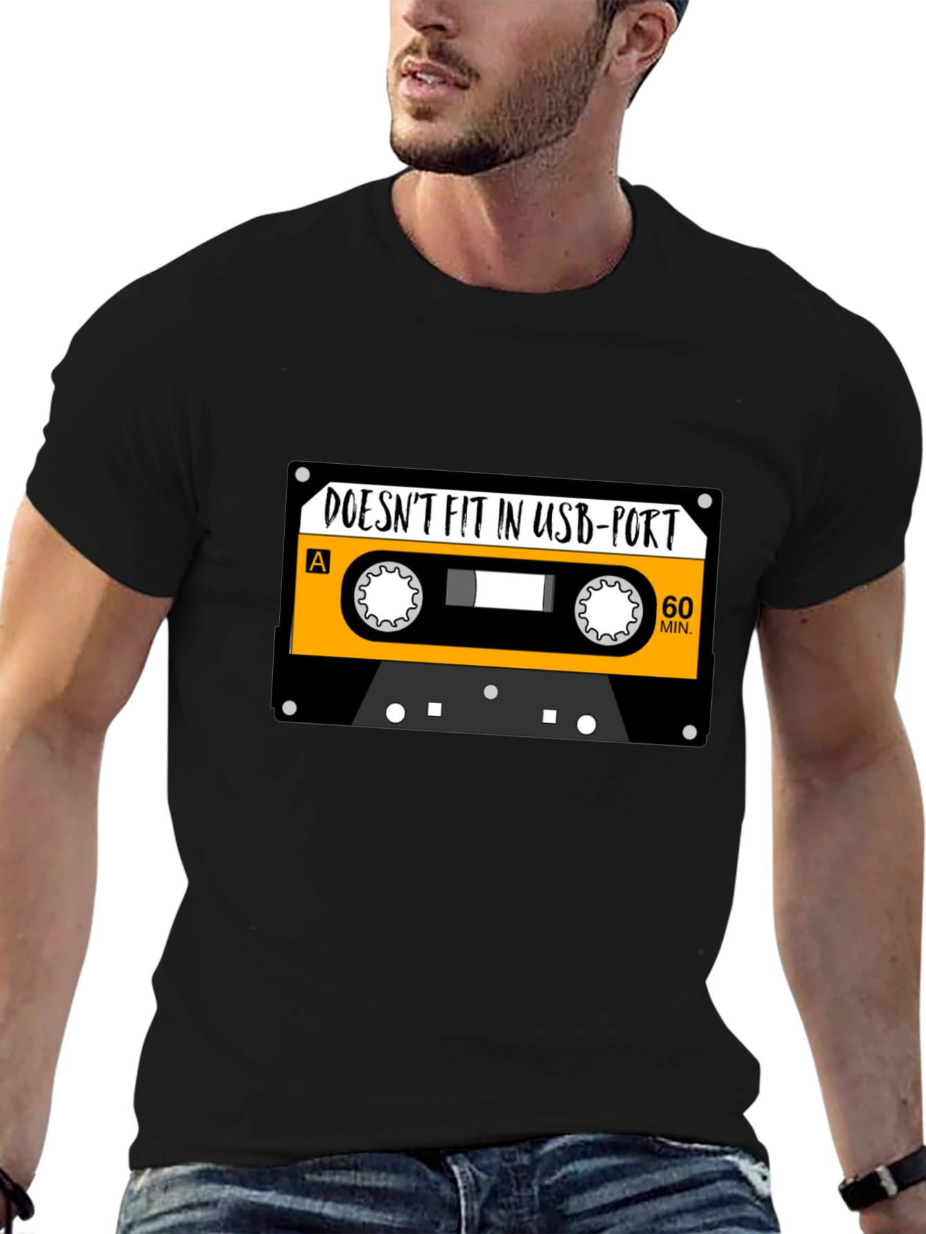 Black Retro Cassette Tape USB Port T-Shirt - Funny Music Tee view 6