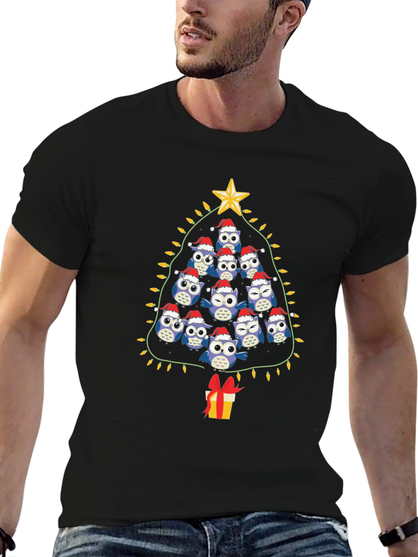 Black Festive Owl Christmas Tree T-Shirt view 6