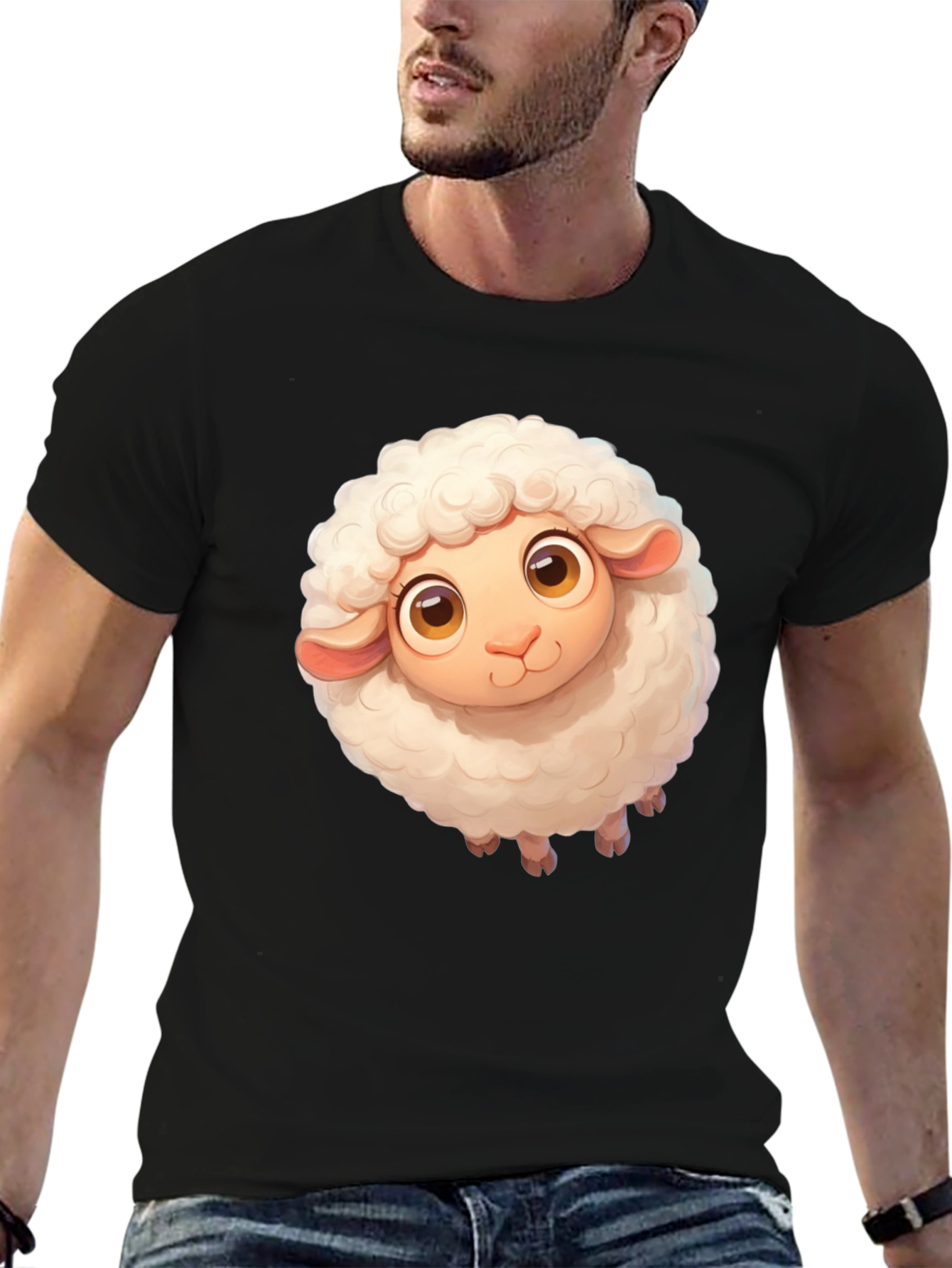 Black Cute Sheep Graphic Tee - Black Cotton Blend view 6