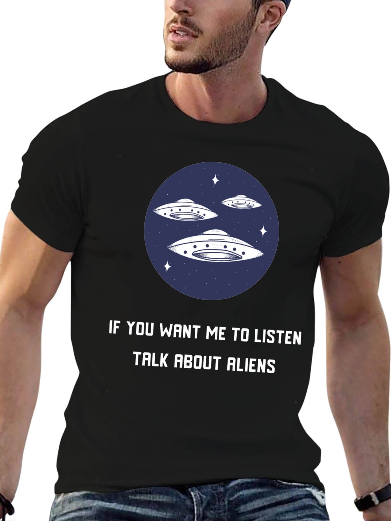 Black Alien Conversation Graphic Tee - Talk About Aliens T-Shirt view 6