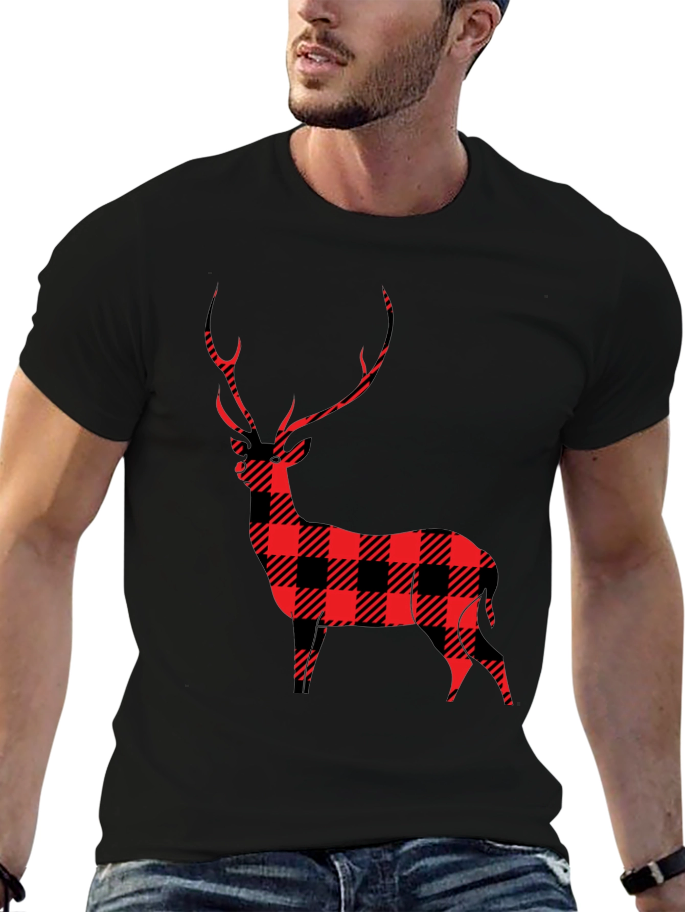 Black Buffalo Plaid Deer Graphic Tee view 6