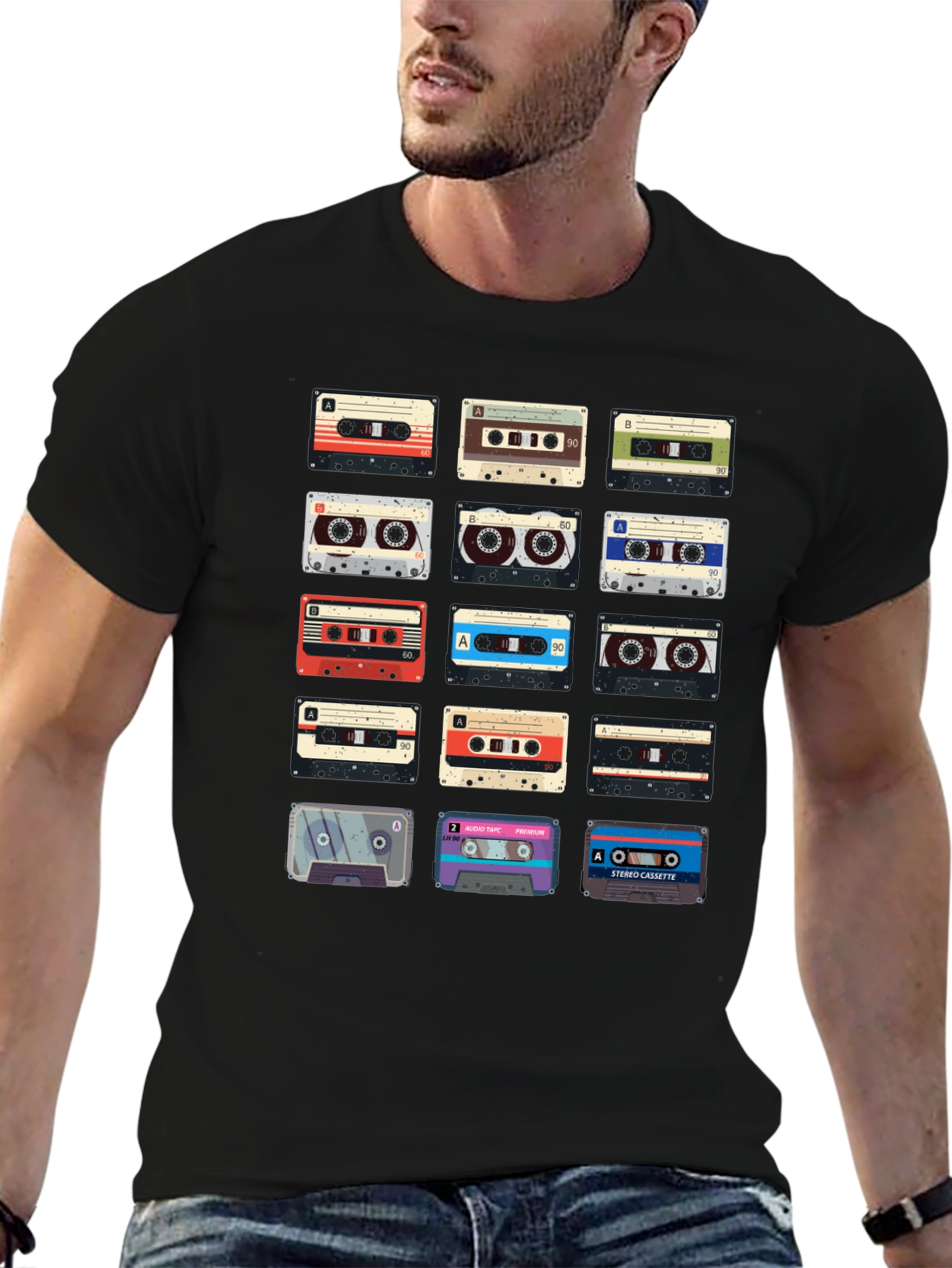 Black Retro Cassette Tape Graphic Tee - Vintage Music Lover Shirt view 6